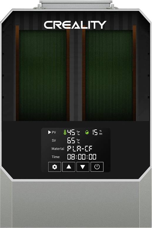 'Creality' 3D-printer met display: temperatuur, materiaal 'PLA-CF' en resterende printtijd 8 uur.