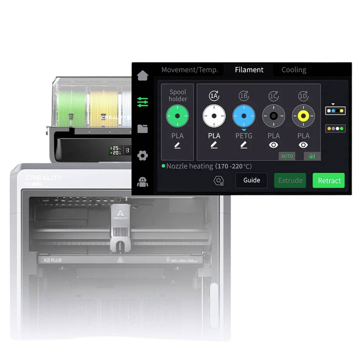 Een 3D-printer met een touchscreen-display dat filamentopties en temperatuurregeling toont. Op de achtergrond worden filamenten afgerold.