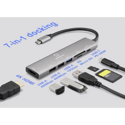 Een grijze USB-C hub met '7-in-1 docking' tekst, voorzien van poorten voor HDMI, USB-A, USB-C, SD, microSD, en power delivery tot 100W.
