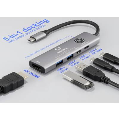 Een '5-in-1 docking' station met 4K HDMI, twee USB A 5 Gbps poorten, een USB C PD 100W poort, en een USB C ingang, voorzien van specificatielabels.