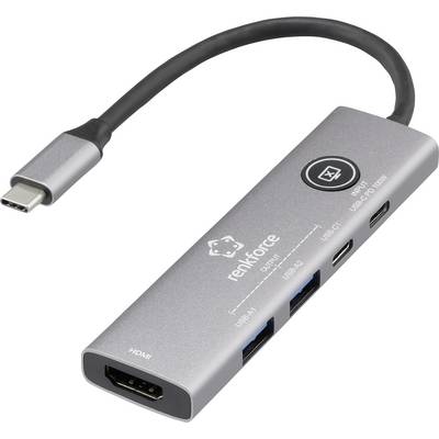 'USB-C multipoort adapter met HDMI, twee USB-A en twee USB-C poorten; compacte ontwerp voor apparaataansluiting en opladen.'