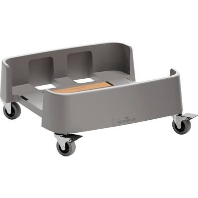 Grijs-zwarte transportplaat op wielen, geschikt voor het vervoeren van dozen of zware voorwerpen, stevig en duurzaam.