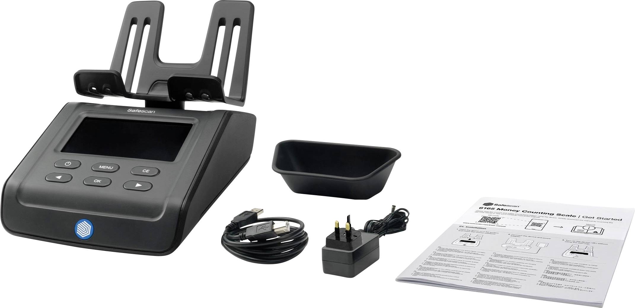 Een elektronisch apparaat met een groot display en toetsen, kabel, voedingsadapter en handleiding. Het hoofdapparaat staat centraal.