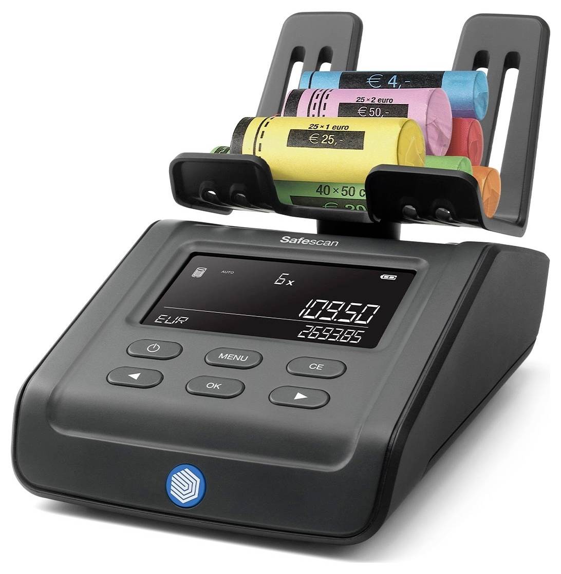 Een elektronische muntenteller telt muntrollen. Het display toont '6x' en '109,50 EUR'. Vijf muntrollen zijn zichtbaar.