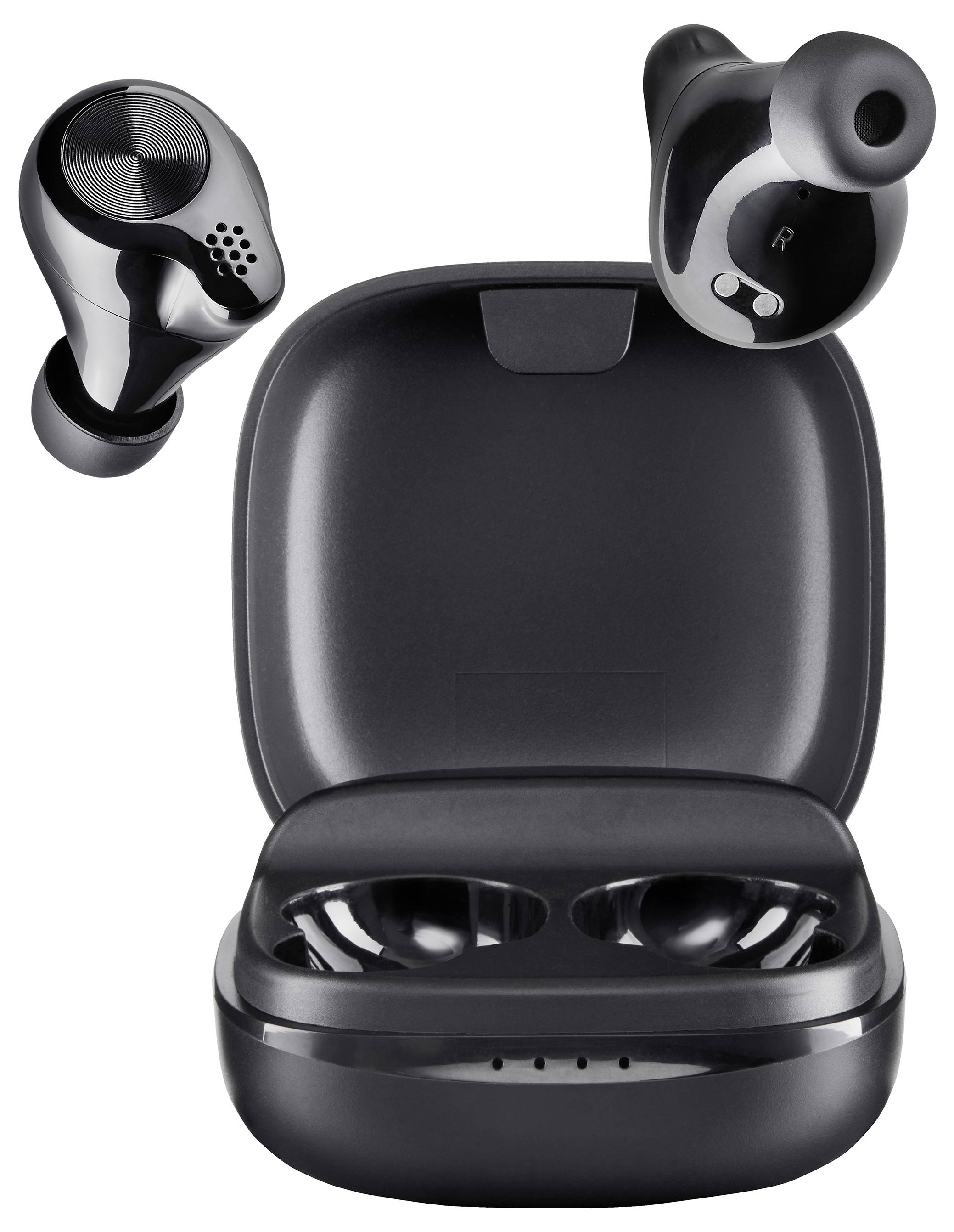 Draadloze oordopjes in het zwart met oplaadcase. Een oordopje zweeft boven de box, de andere is in de box geplaatst.