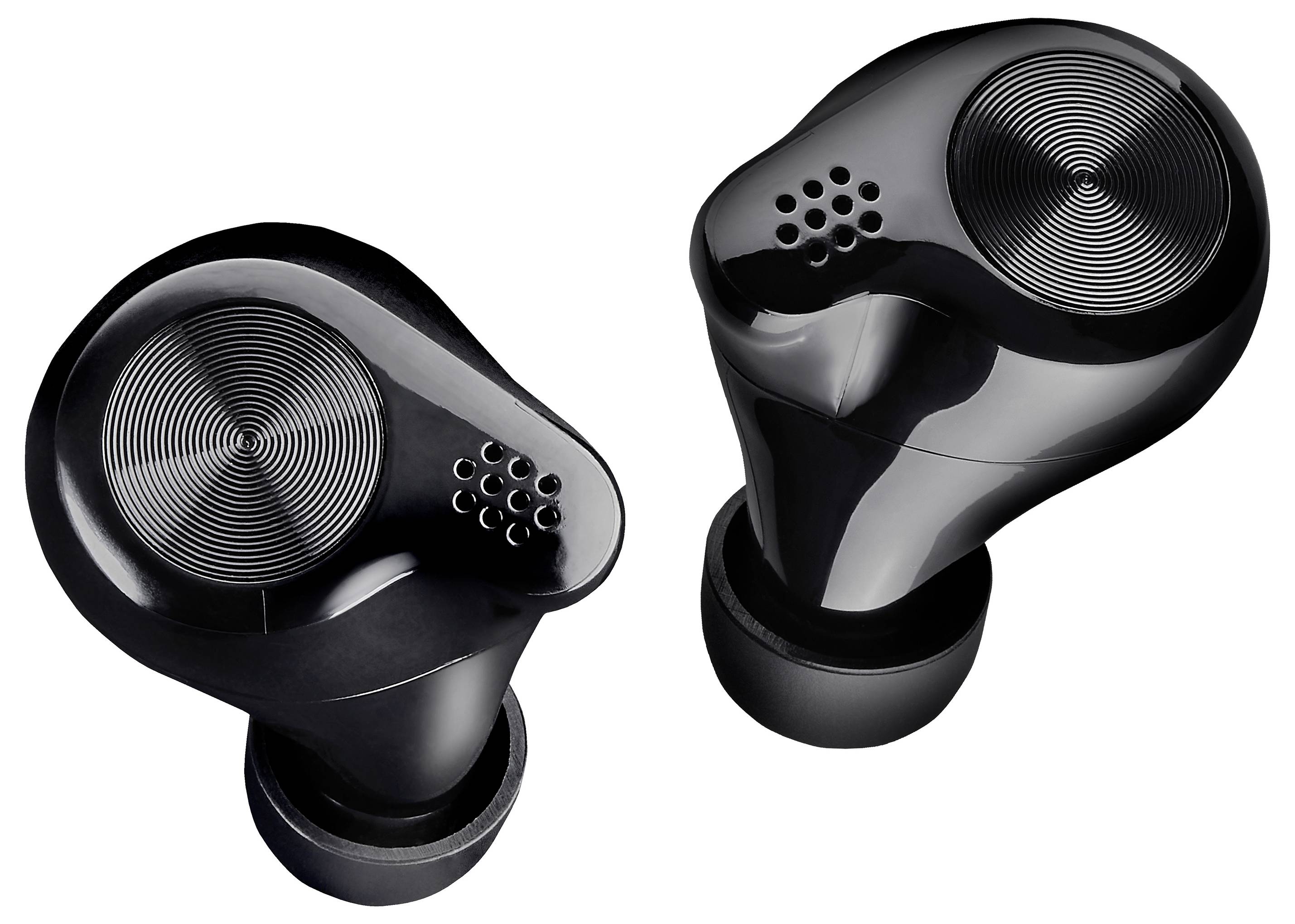 Twee zwarte draadloze oordopjes in close-up. Ze hebben een modern, glanzend ontwerp en zijn symmetrisch gepositioneerd.