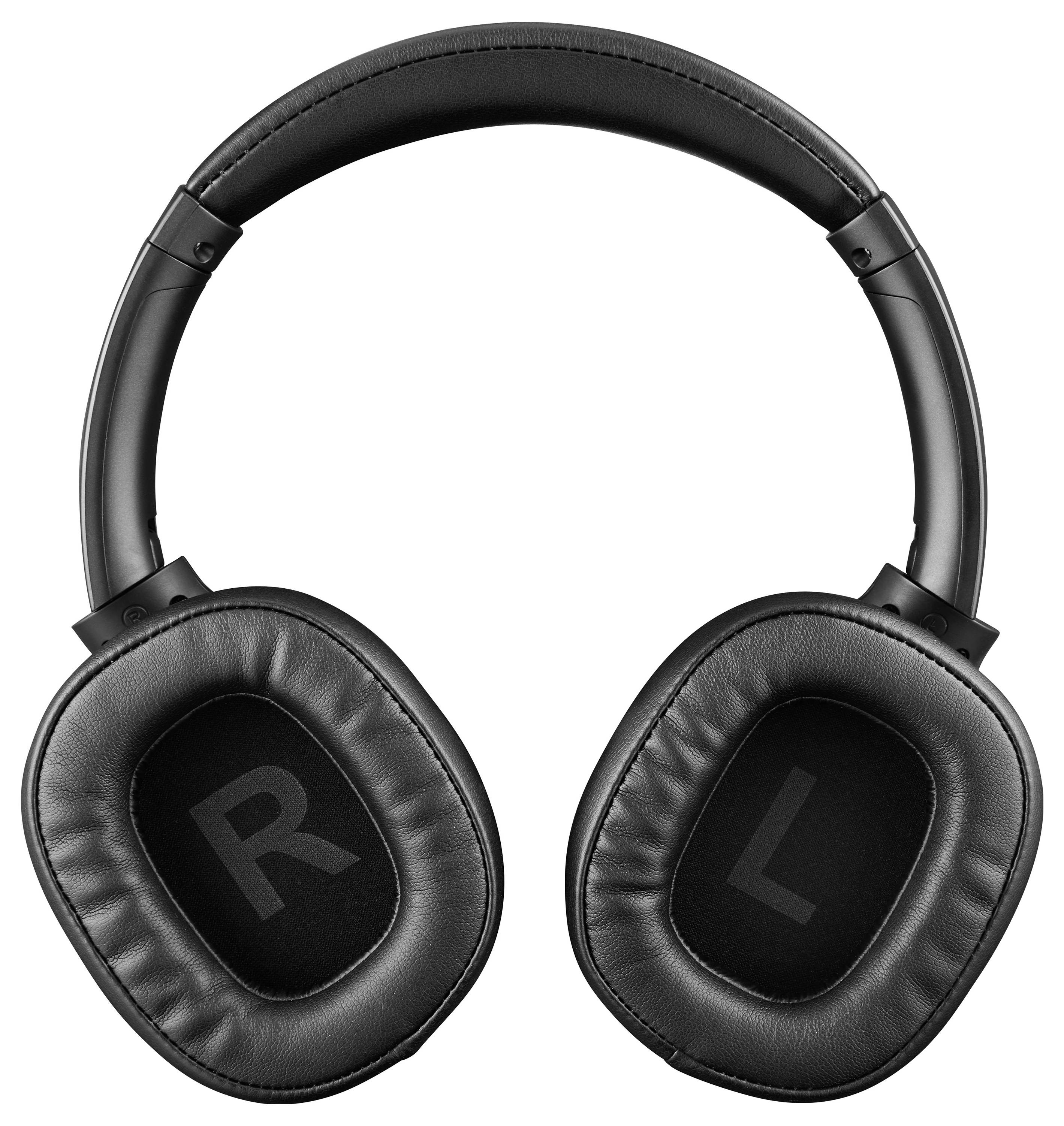 Zwarte over-ear koptelefoon van kunstleer, met de letters 'R' en 'L' op de oorschelpen om rechts en links aan te duiden.