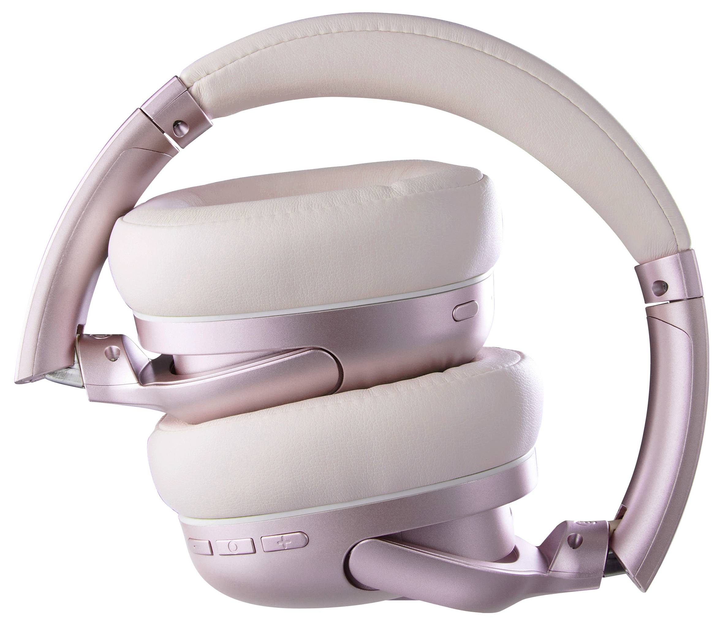 Roze koptelefoon met gewatteerde oorschelpen en verstelbare hoofdband, opvouwbaar voor ruimtebesparende opslag.