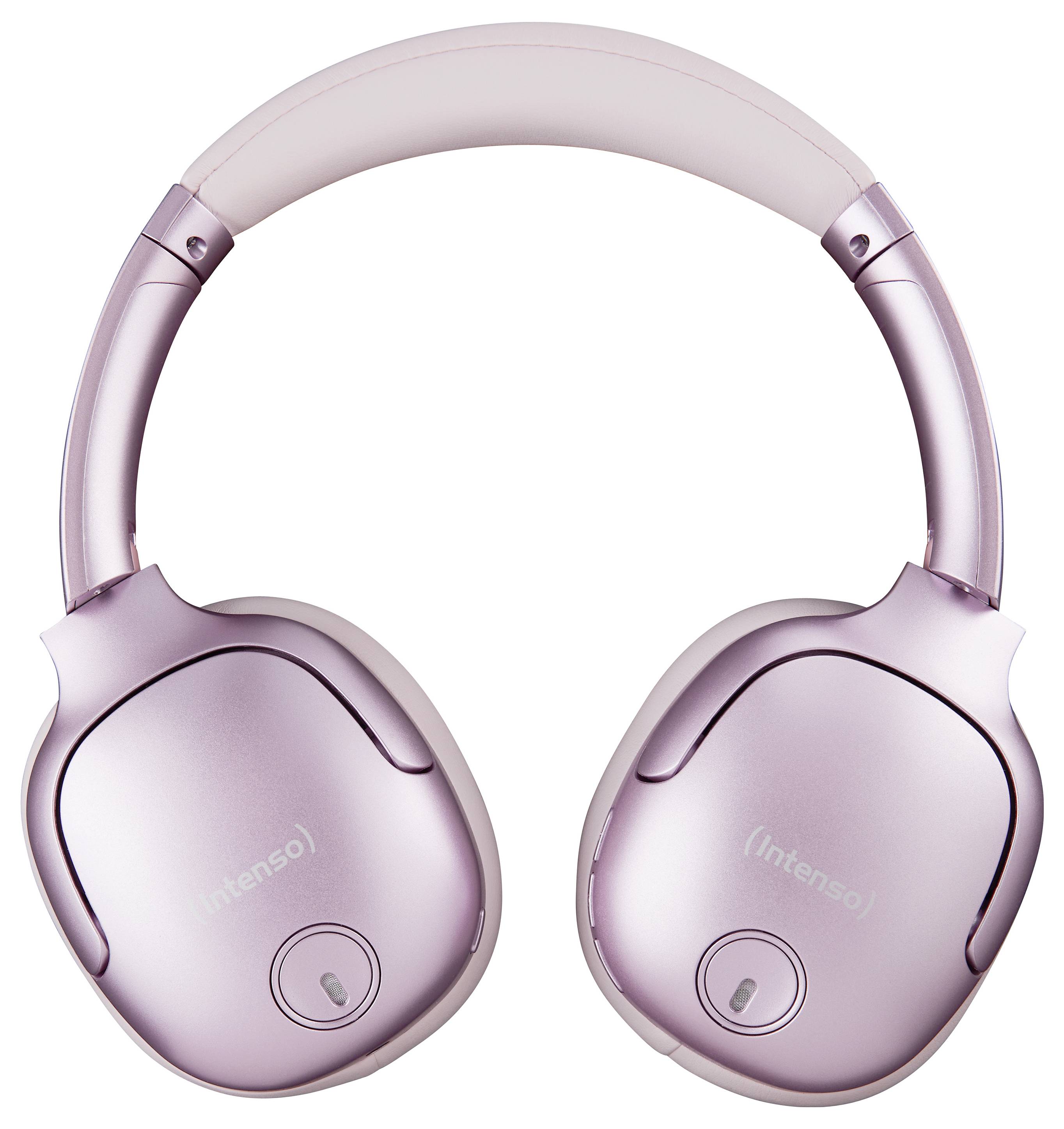 Roze over-ear koptelefoon met zachte oorkussens en verstelbare hoofdband. Aan de rechter- en linkerkant bevinden zich bedieningsknoppen.
