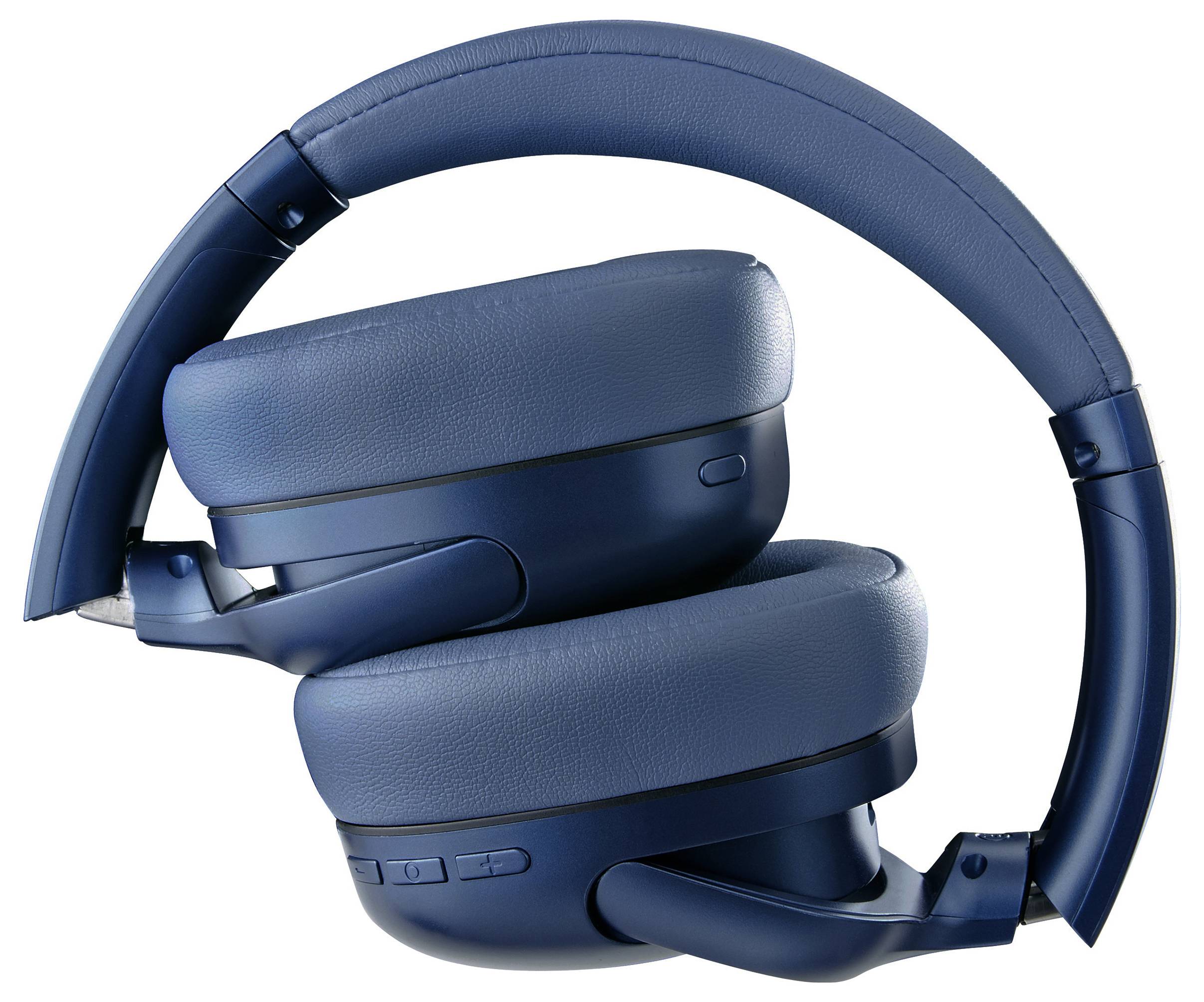 Blauwe, opvouwbare over-ear koptelefoon, ontworpen voor draagbaar gemak en superieure geluidskwaliteit.