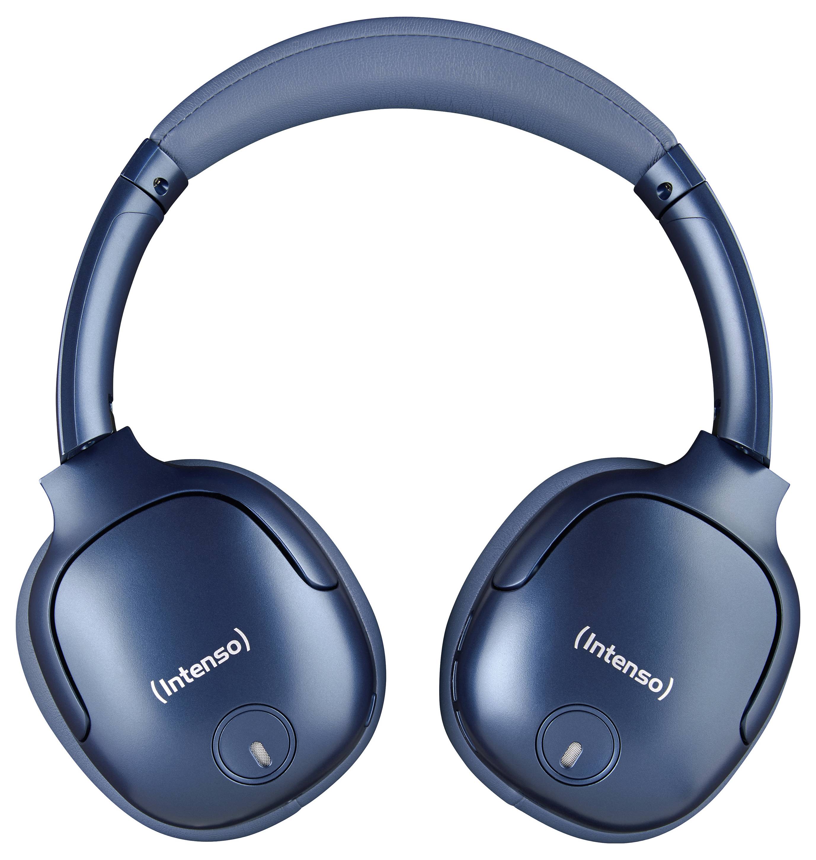 Donkerblauwe, draadloze over-ear koptelefoon met het 'Intenso' merk op de oorschelpen, zonder zichtbare kabels.
