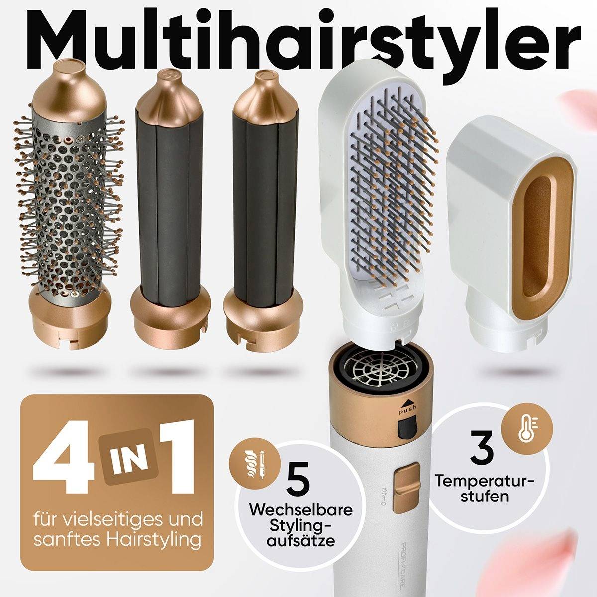 Multistylingset met 5 opzetstukken en 3 temperatuurstanden. Geschikt voor veelzijdig en zacht haarstyling.