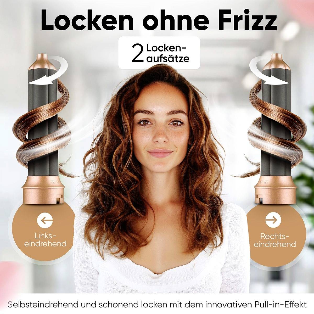 Afbeelding van een vrouw met krullend haar. Twee krultangen naast elkaar tonen 'Linksom draaien' en 'Rechtsom draaien'. Tekst: 'Krullen zonder pluizig haar'.