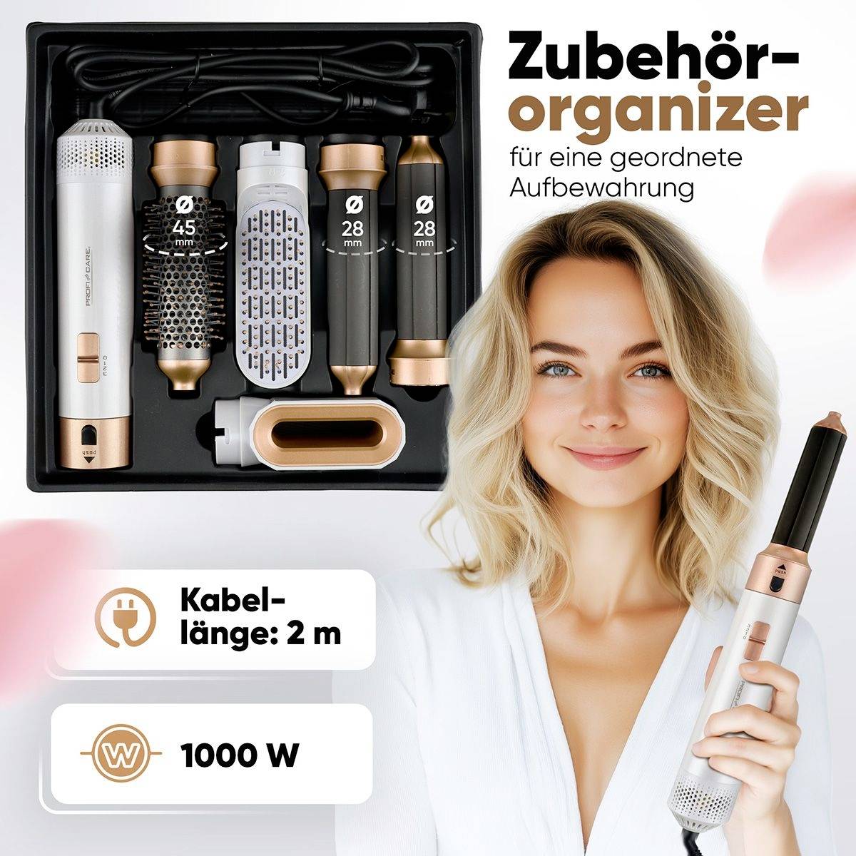 Multistyler-set met verschillende opzetstukken voor haar, hoogtepunt op 1000 watt vermogen en 2 m kabel. Lachende vrouw met een van de apparaten in haar hand.