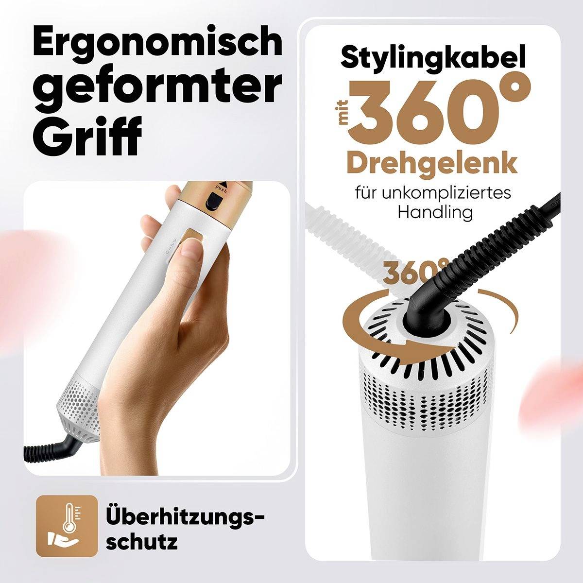 Ergonomisch gevormde handgreep. Afbeelding toont een apparaat in een hand. 'Styling kabel met 360° draaigewricht voor moeiteloos gebruik.' Tekst benadrukt oververhittingsbeveiliging.