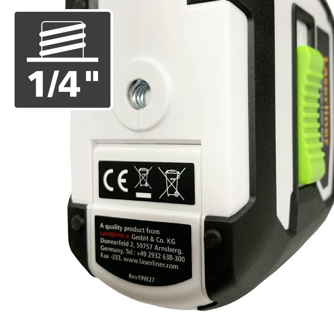 Elektrische boor met groene handgreep en CE-markering. Waarschuwingssymbool voor 1/4 inch boorgrootte. Merknaam op etiket.