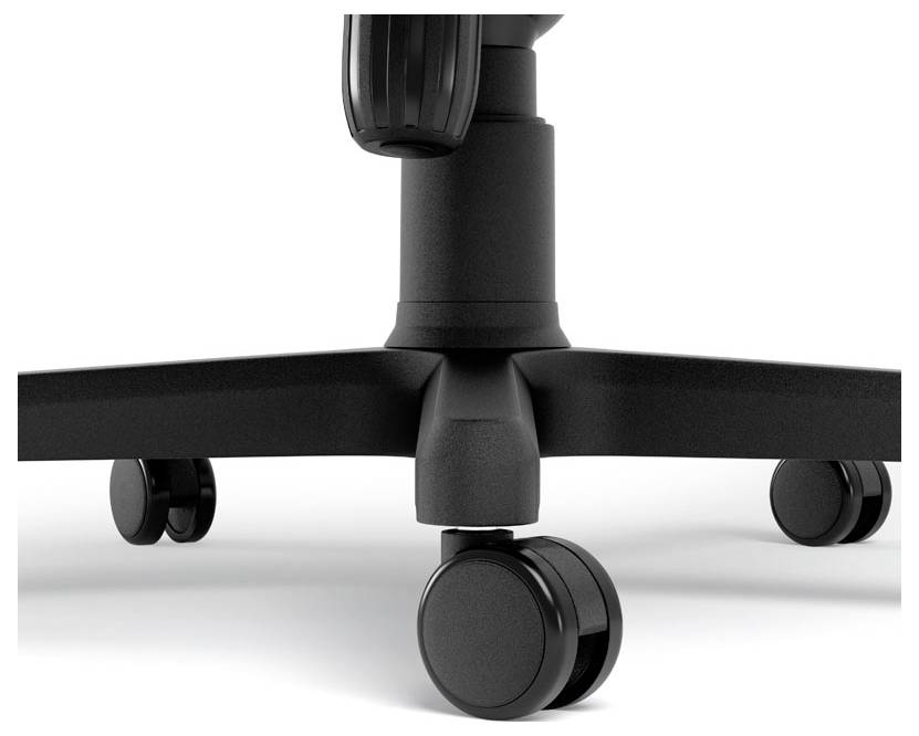 Onderste deel van een bureaustoel met wielen, met de focus op het frame en de wieltjes.