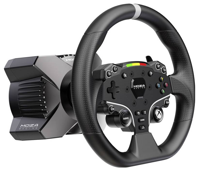 Stuurwiel van Moza Racing, zwart en ergonomisch ontworpen, met verschillende knoppen en bedieningselementen voor racesimulaties.