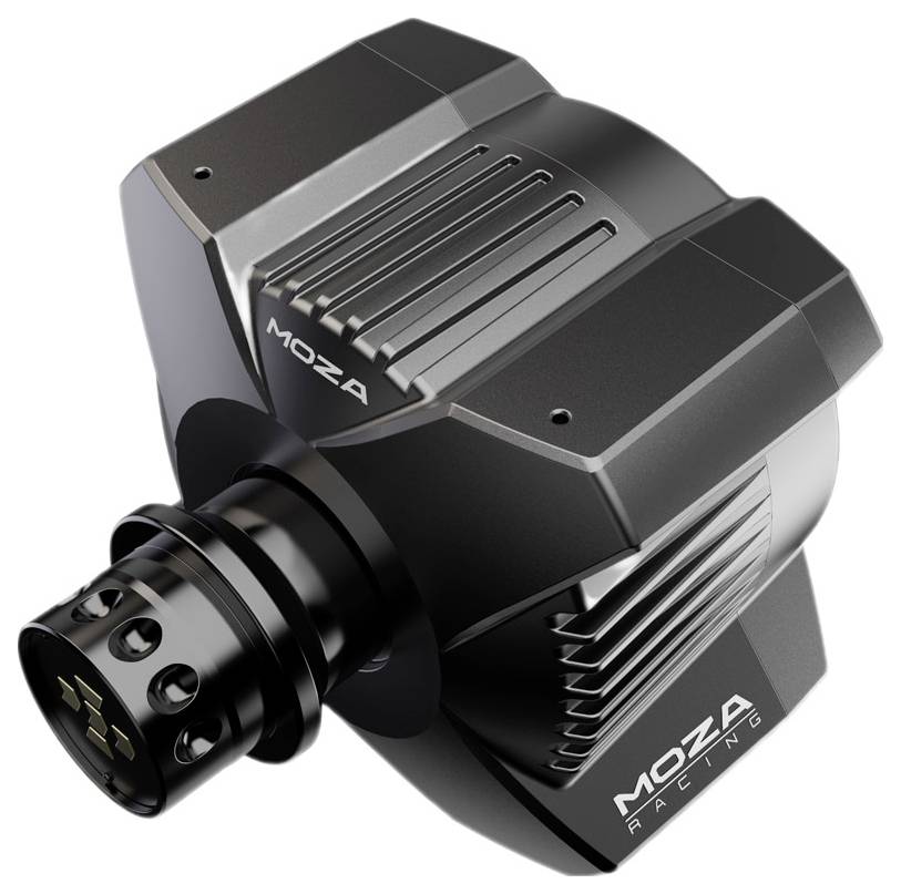 Zwarte Moza-Racing-stuurwielbasis met ventilatiesleuven en aansluitbus, biedt robuuste besturing voor racesimulaties.