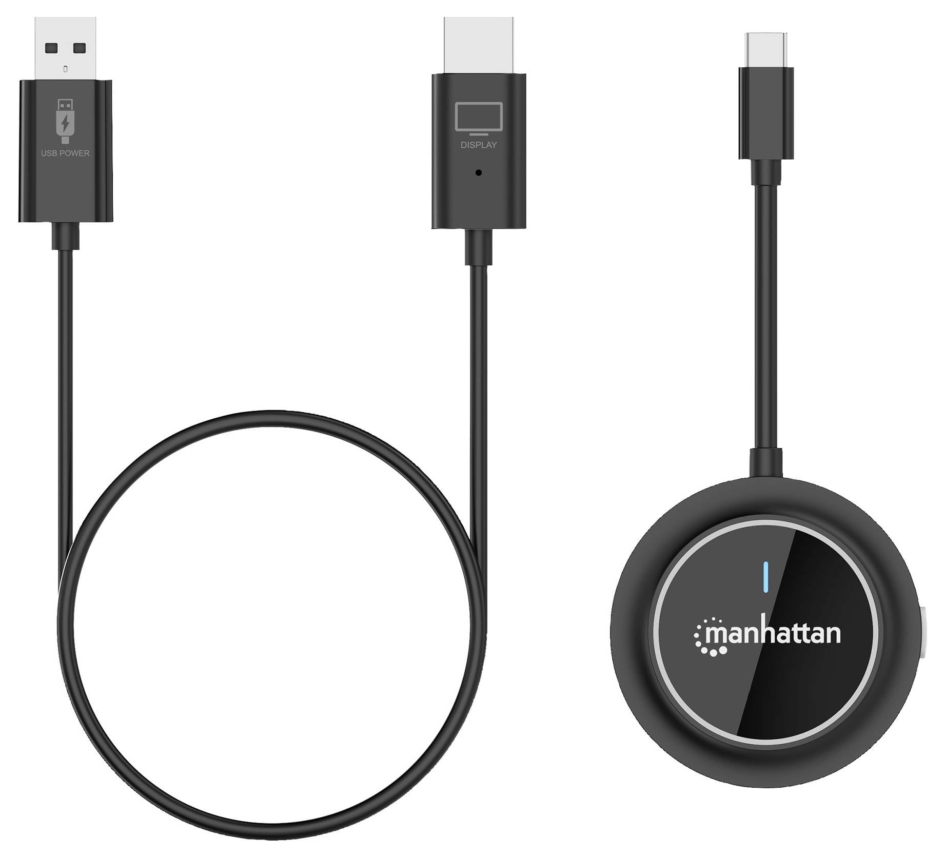 Een USB-naar-DisplayPort-kabel en een rond, zwart adaptertoestel met het opschrift 'manhattan' en een klein display.