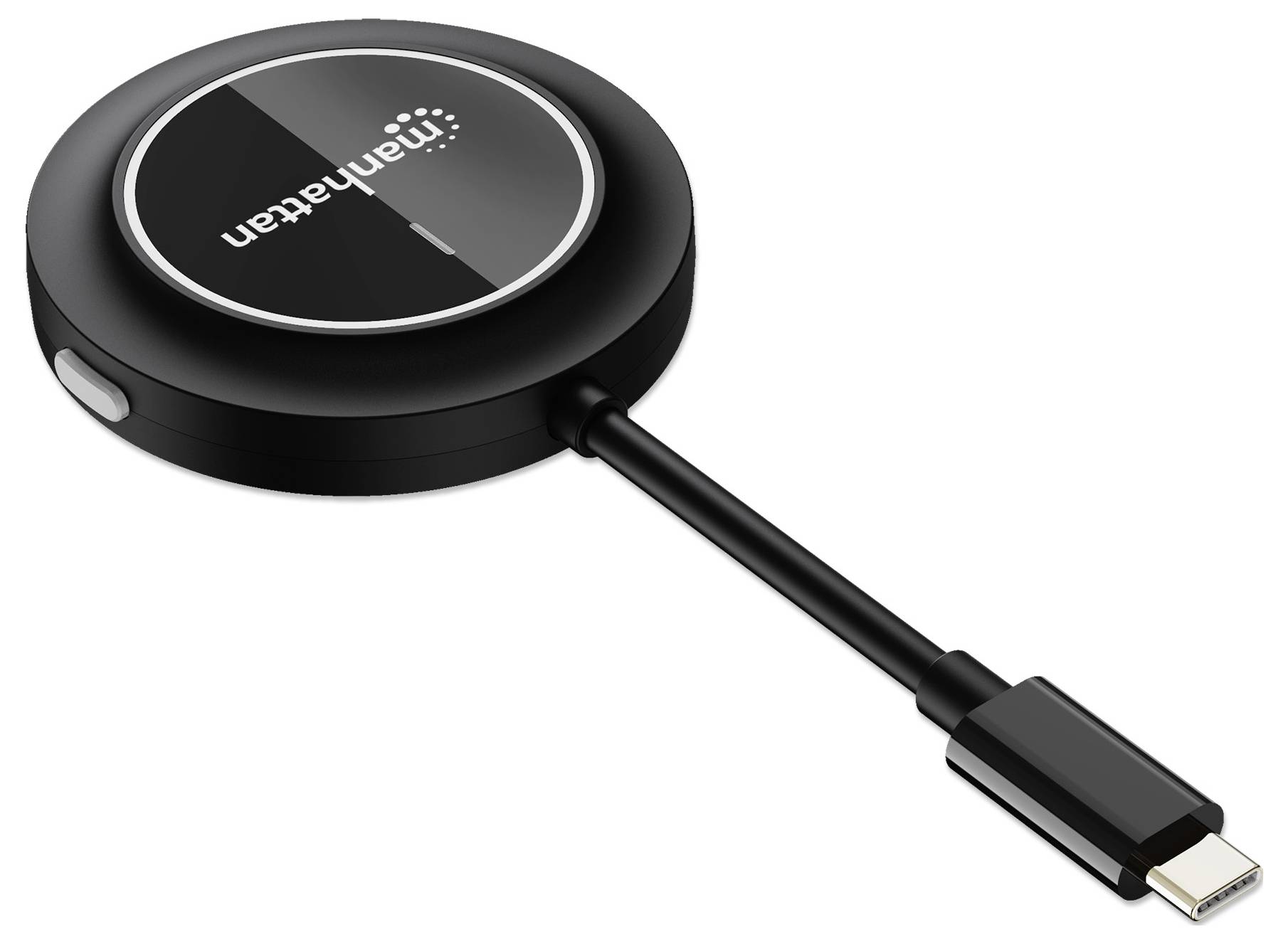 Zwarte USB-C-adapter met afgeronde vorm, merknaam 'Manhattan' op de bovenkant, korte kabelaansluiting.