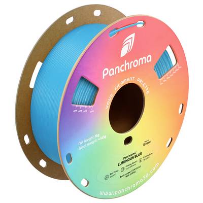 De afbeelding toont een spoel 3D-printer filament in lichtgevend blauw van het merk Panchroma.