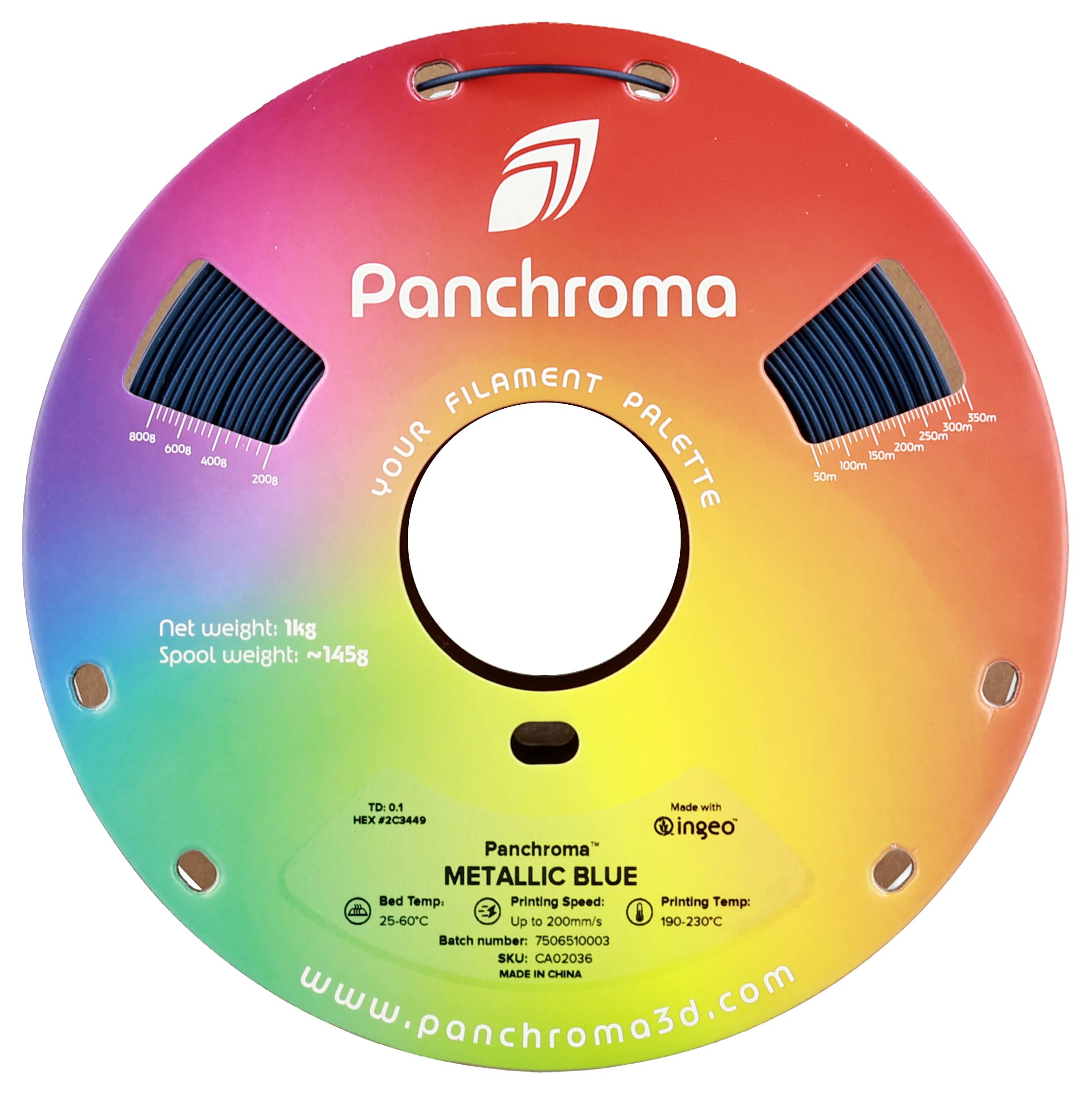 Reclamebord voor 'Panchroma' Filament in Metallic Blauw. Regenboogkleurige spoel met gewicht- en temperatuurgegevens.