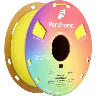 Een rol geel 3D-printerfilament van Panchroma met een nettogewicht van 1 kg en een spoelgewicht van ca. 145 g, gepresenteerd in kleurrijk design.