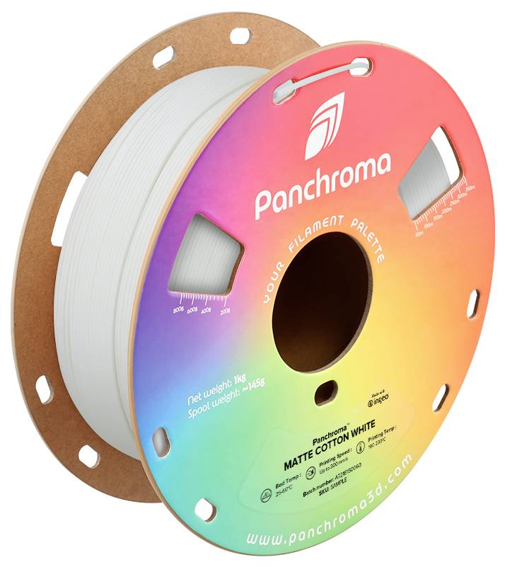 Een kleurrijke filamentrol voor 3D-printers met het opschrift 'Panchroma'. Kleur: Matte Cotton White.