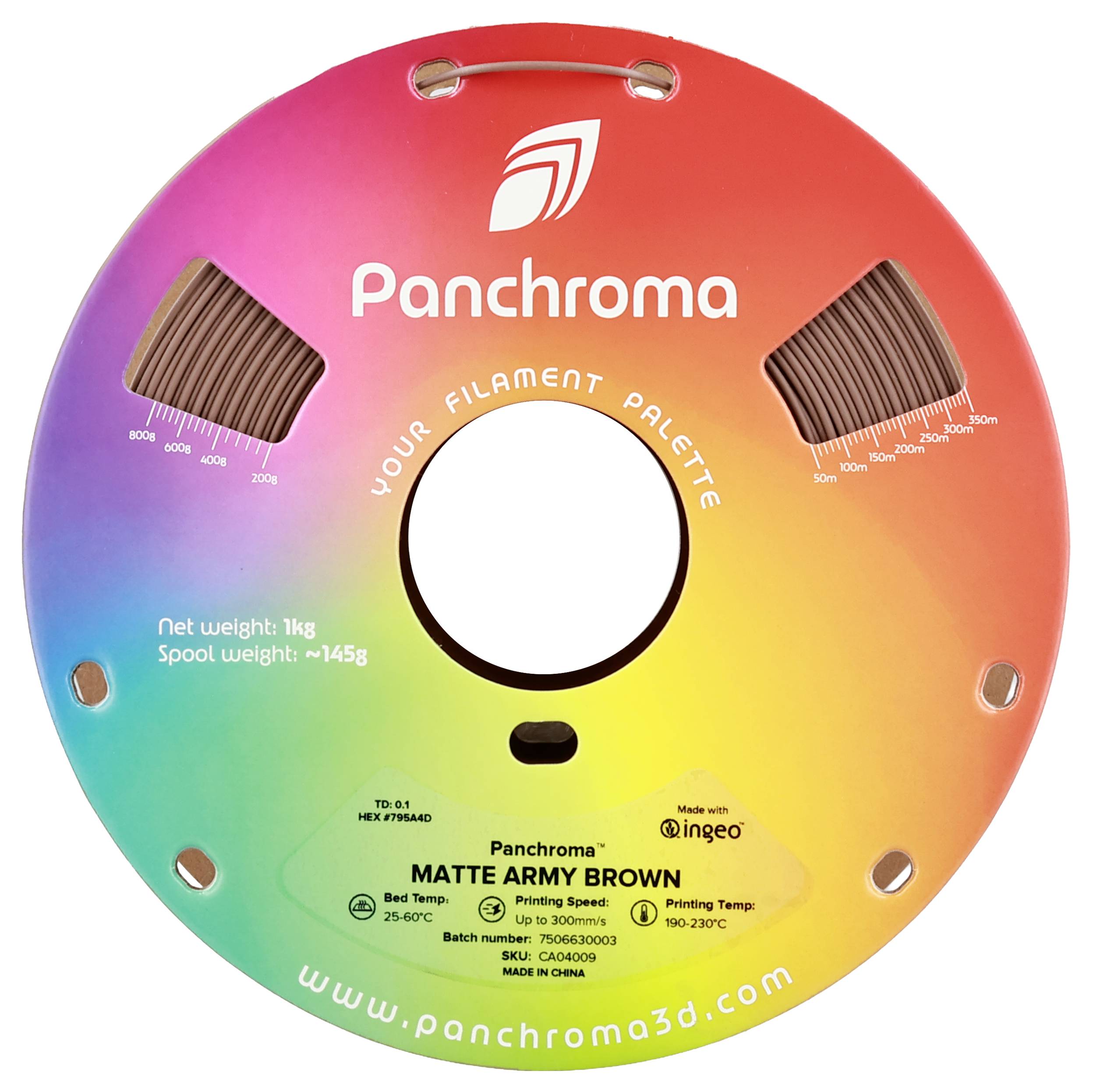 Spoel met 3D-printfilament 'Matte Army Brown', 1kg nettogewicht. Fabrikant: Panchroma. Te printen temperatuur: 190-230°C.