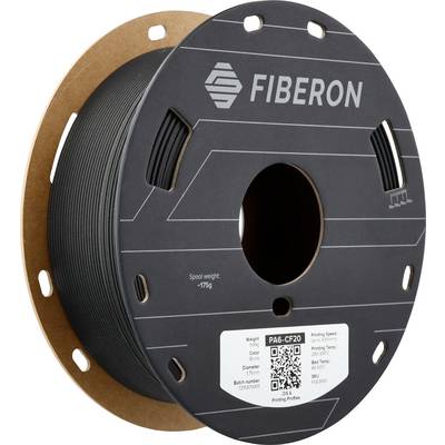 Zwart-grijze spoel 3D-printer filament van FIBERON, model PA6-CF20. Sticker toont technische details en een QR-code.