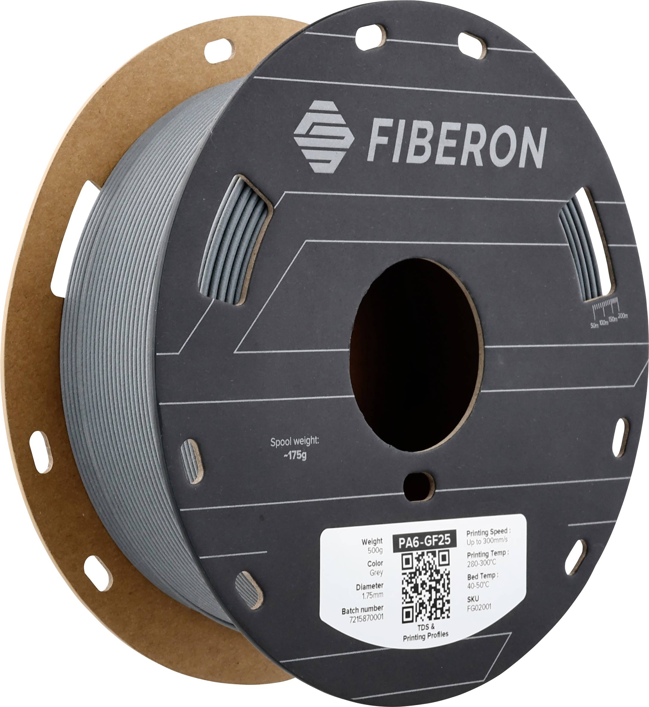 Filamentrol met grijs filament van 'FIBERON', geschikt voor 3D-printers. Bevat technische informatie en QR-code op de spoel.