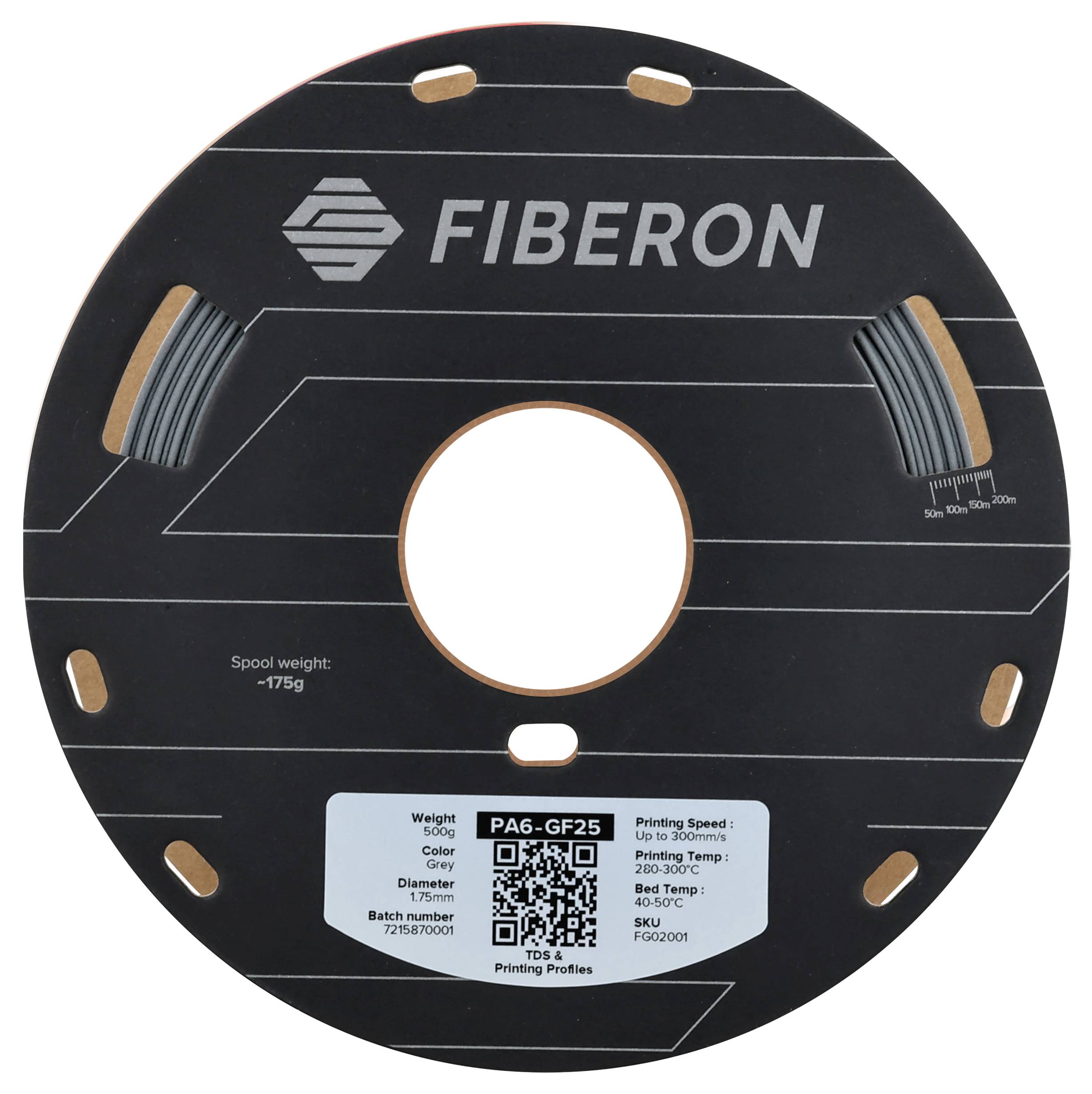 Een zwarte spoel met het logo 'FIBERON' en technische specificaties zoals gewicht, materiaaltype (PA6-GF25), druksnelheid en QR-code.