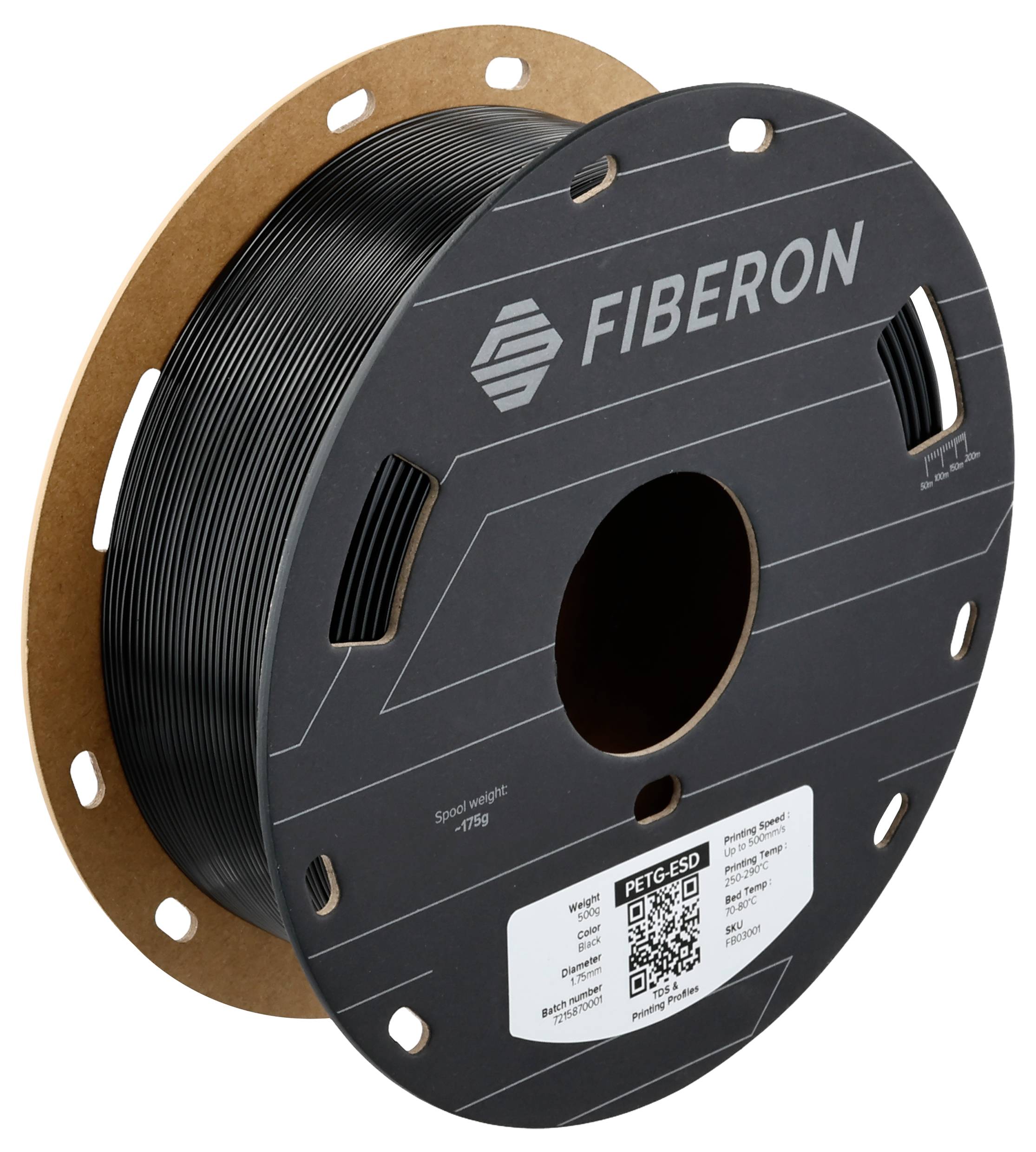 Een zwarte filamentrol met het opschrift 'FIBERON', geschikt voor 3D-printers. Gewicht: 475 g. Bevat barcode en technische specificaties.