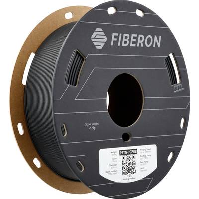 Een zwarte filamentspoel van FIBERON, ideaal voor 3D-printers, met QR-code en technische gegevens op het etiket.