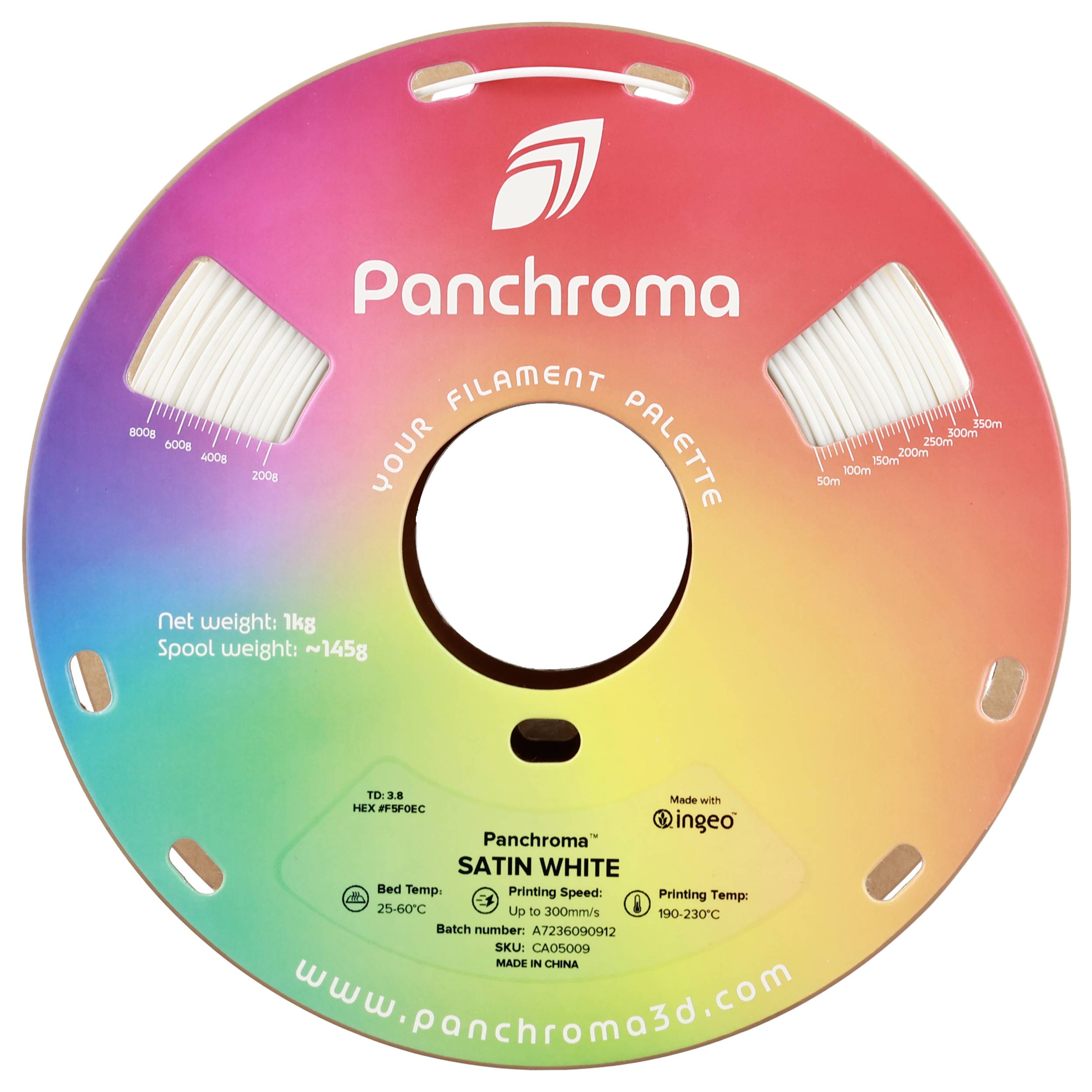 Ronde filamentspoel met regenboogdesign, opschrift 'Panchroma Satin White', nettogewicht: 1 kg, spoelgewicht: 145 g.