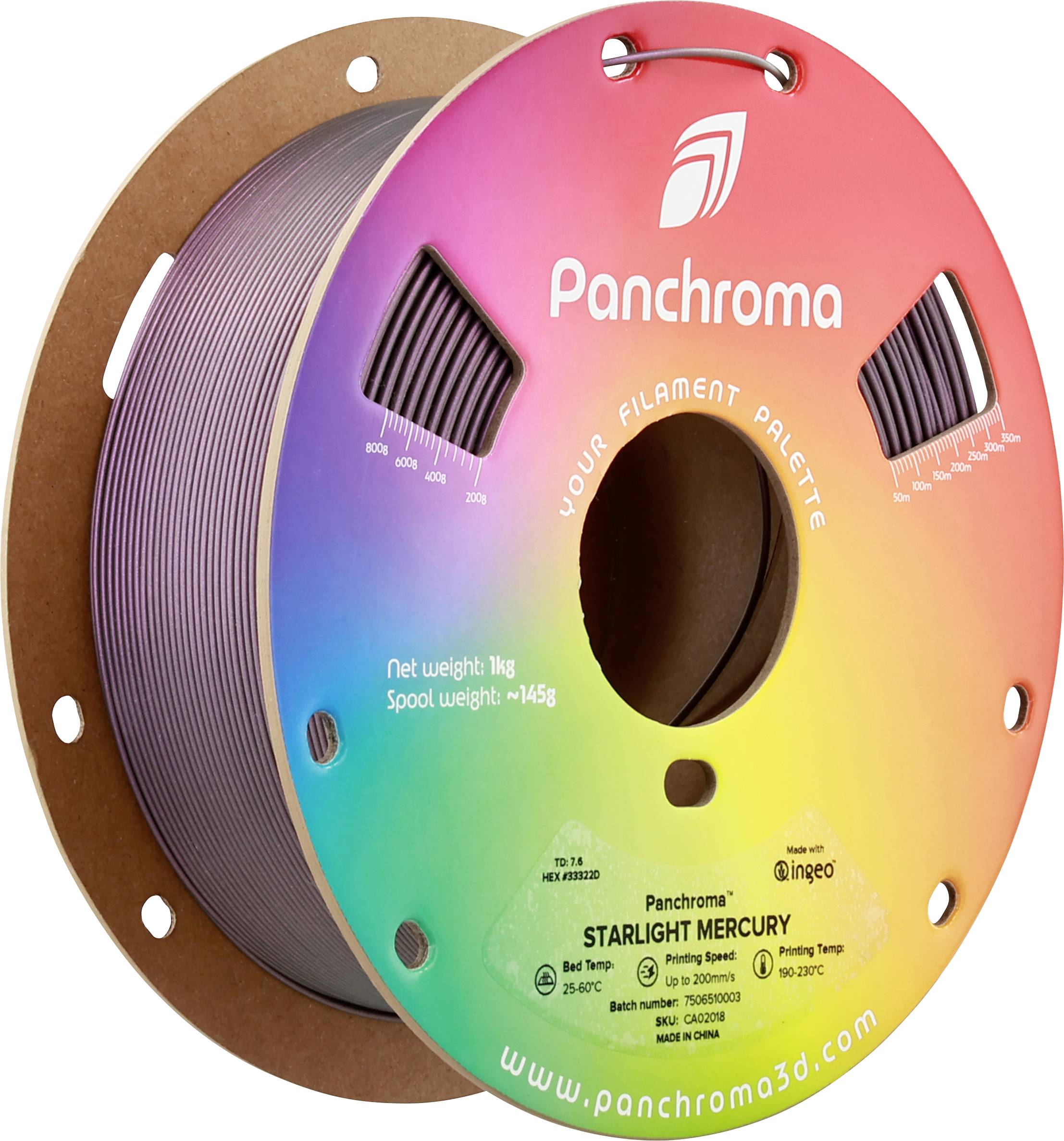 Een kleurrijke spoel met 'Panchroma' 3D-printer-filament, type 'Starlight Mercury'. Gewicht: 1 kg. Webadres: www.panchroma3d.com.