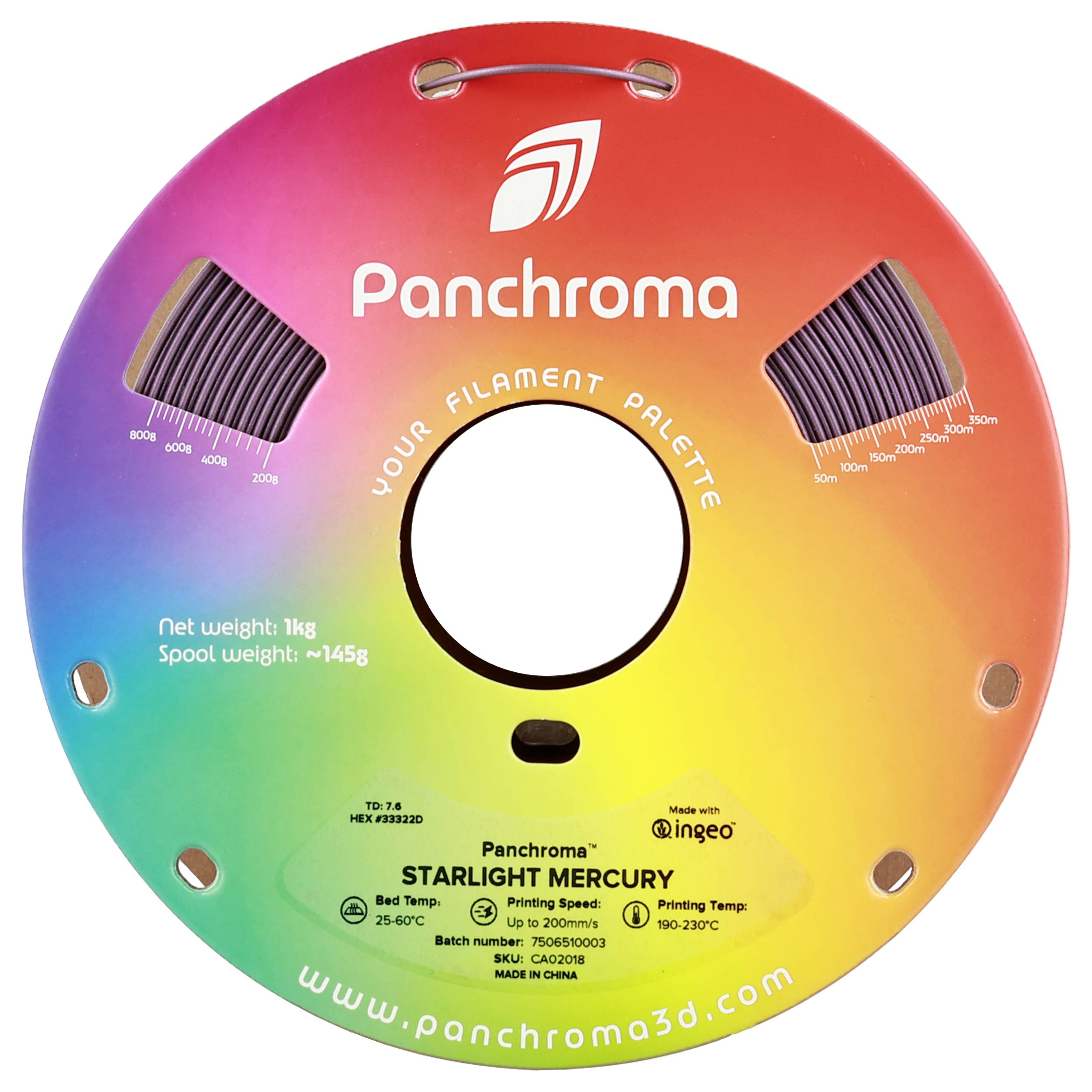 Kleurrijke filamentspoel van Panchroma, etiket toont gewicht (1kg) en naam 'Starlight Mercury'. Regenboogkleuren zijn zichtbaar.