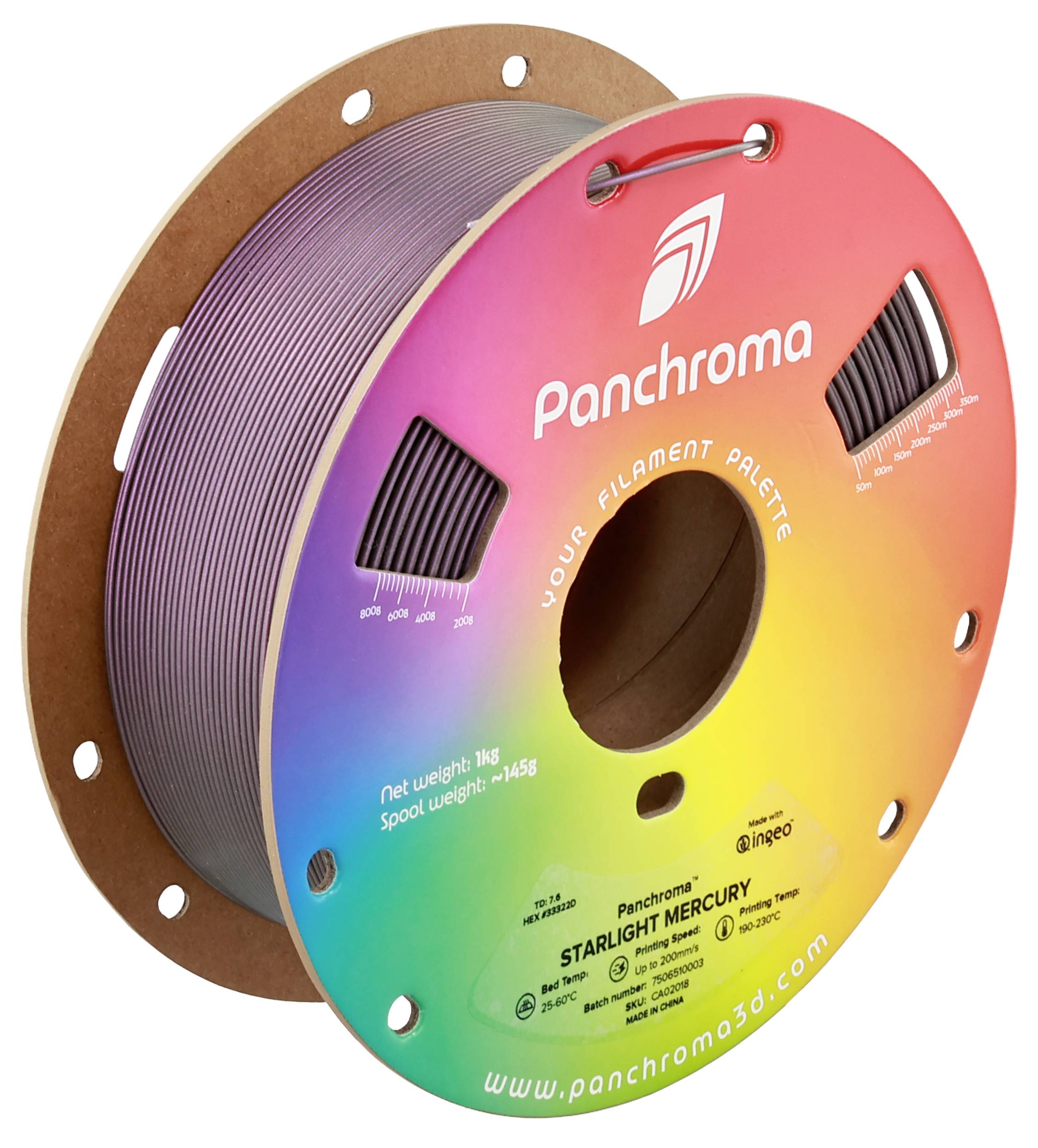 Zwarte filamentrol voor 3D-printer, merk 'Panchroma', met regenboogontwerp op de verpakking. Gewicht: 1 kg netto.