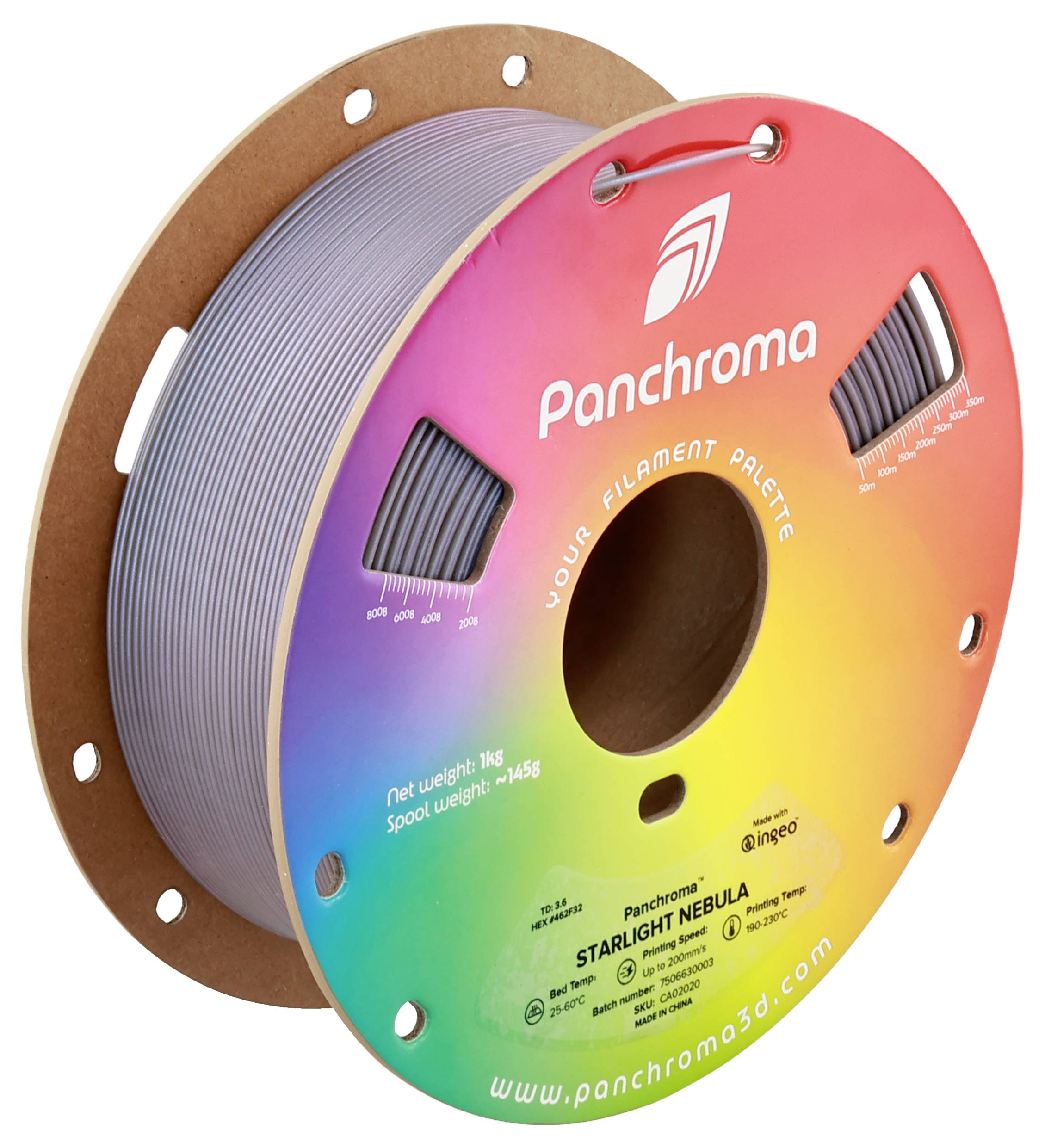 Een rol 3D-printerfilament van het merk Panchroma, model 'Starlight Nebula', met een regenboogontwerp op de spoel.