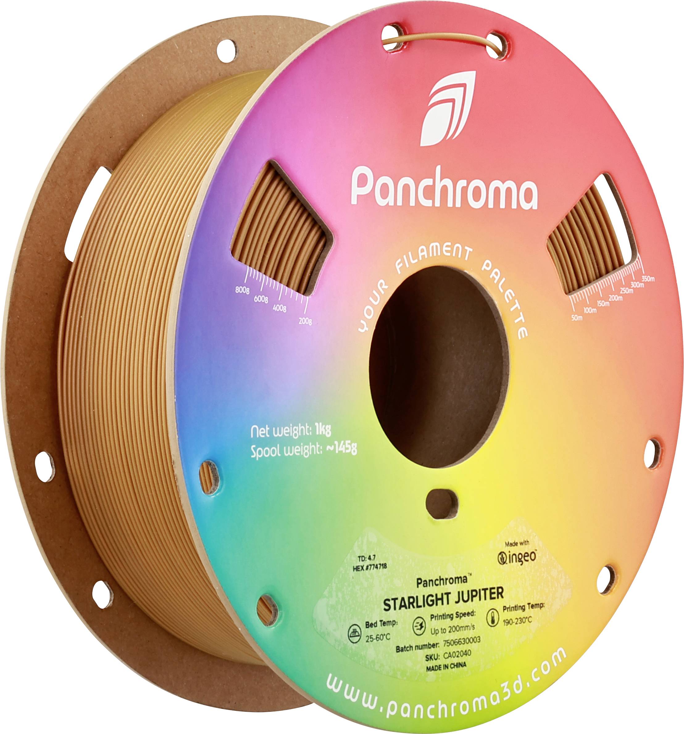 'Een rol 3D-printer-filament van Panchroma in de kleur Starlight Jupiter, nettogewicht 1 kg, spoelgewicht 145 g, website onderaan.'