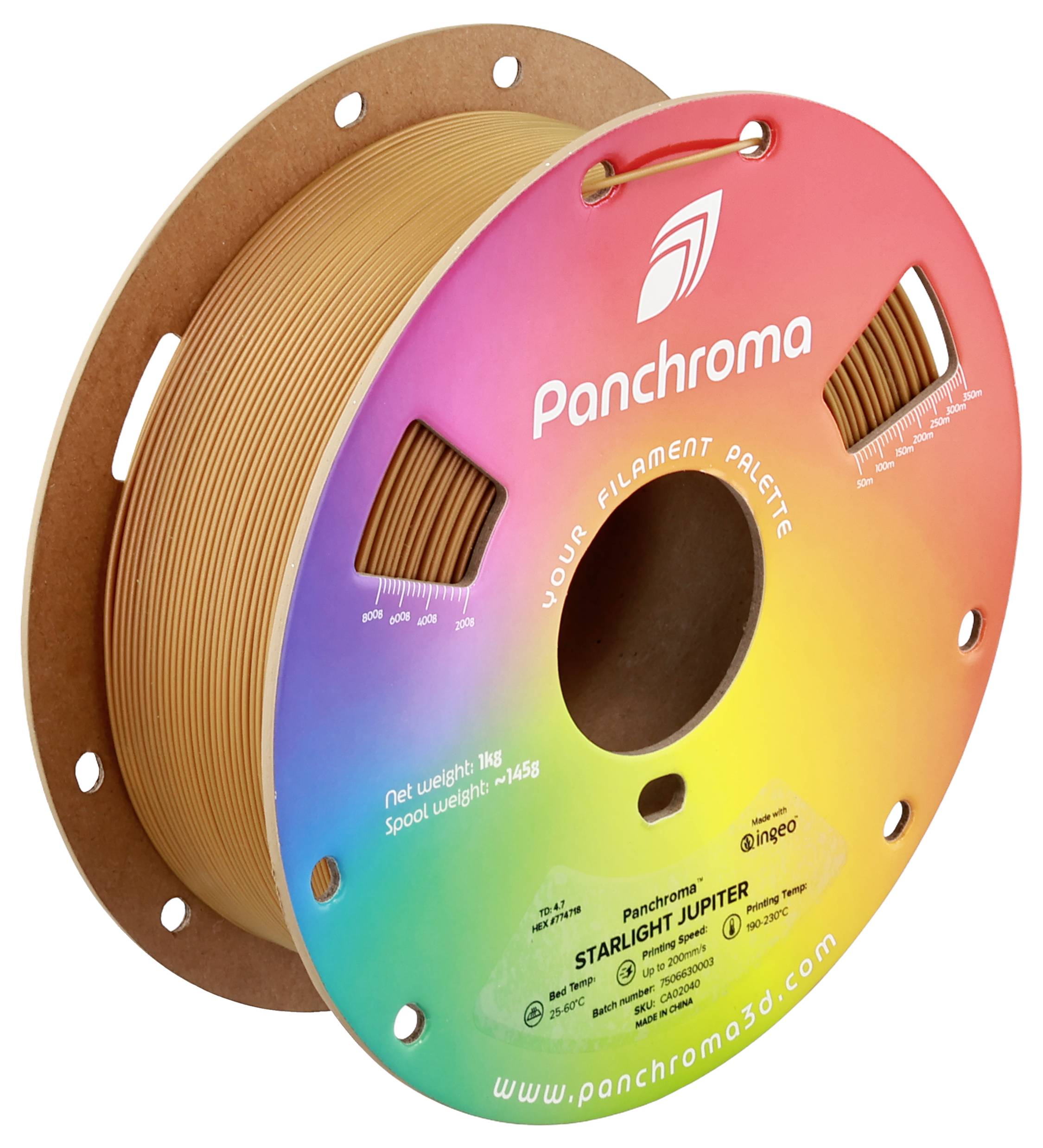 Een rol 3D-printer-filament van Panchroma, model 'Starlight Jupiter', toont een regenboogetiket en bruin filament.