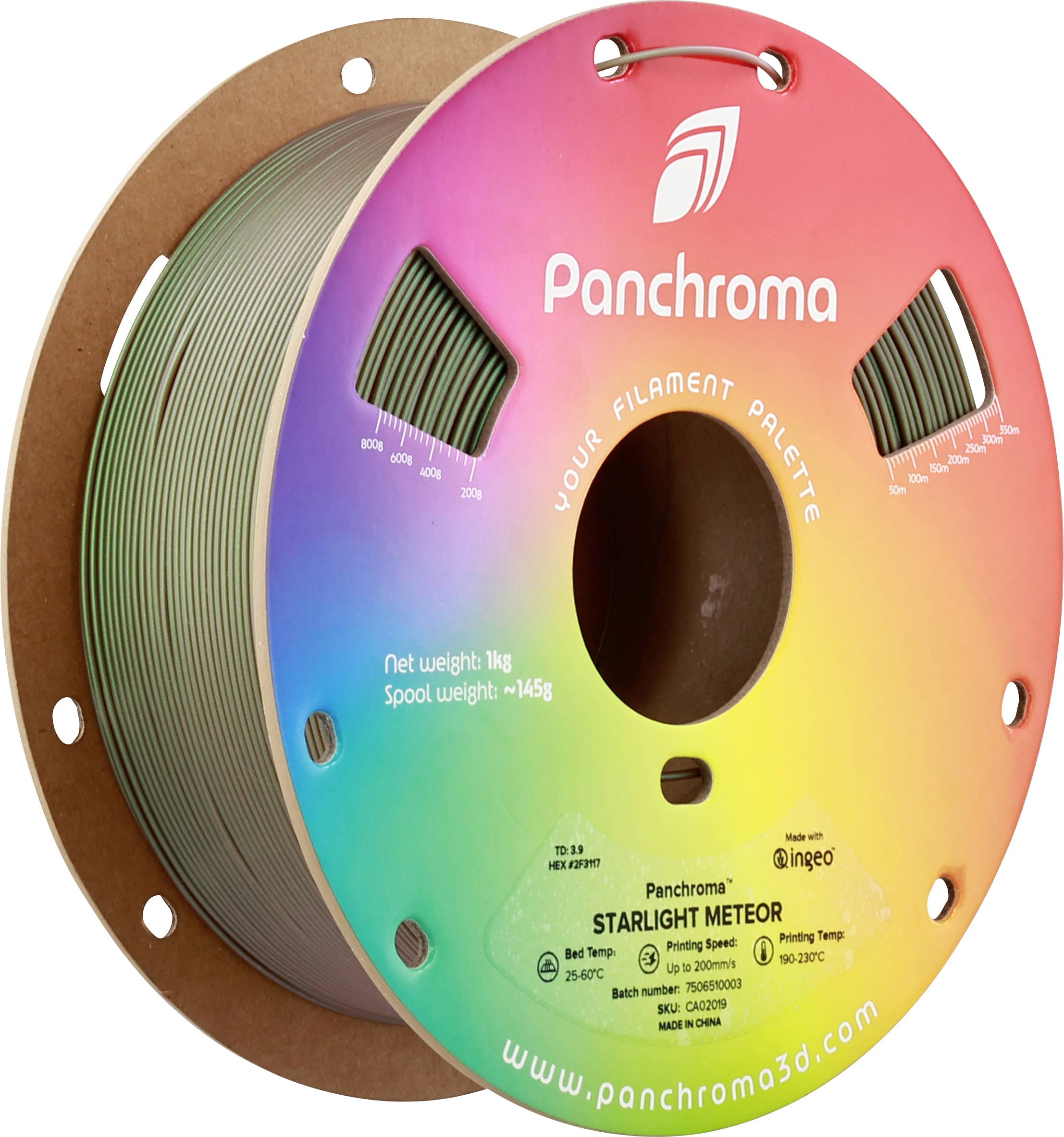 Een rol met 3D-printfilament in de kleur 'Starlight Meteor'. De verpakking toont een regenboogontwerp met merklogo en website.