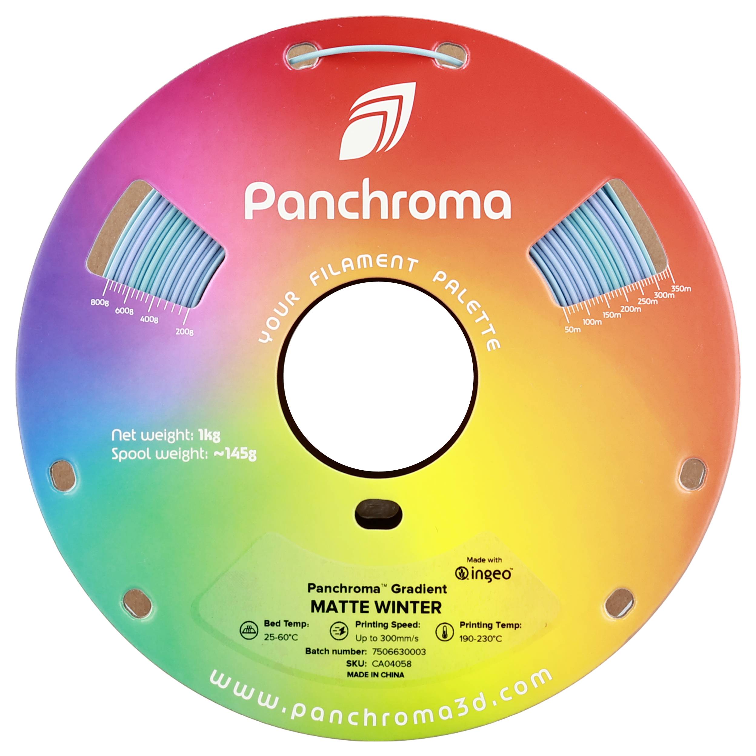 'Panchroma': Filamentrol in regenboogkleuren, 1 kg, nettogewicht 145 g. Voor 3D-printen, matte afwerking. Temperatuur: 190-230°C. Gemaakt met Ingeo.