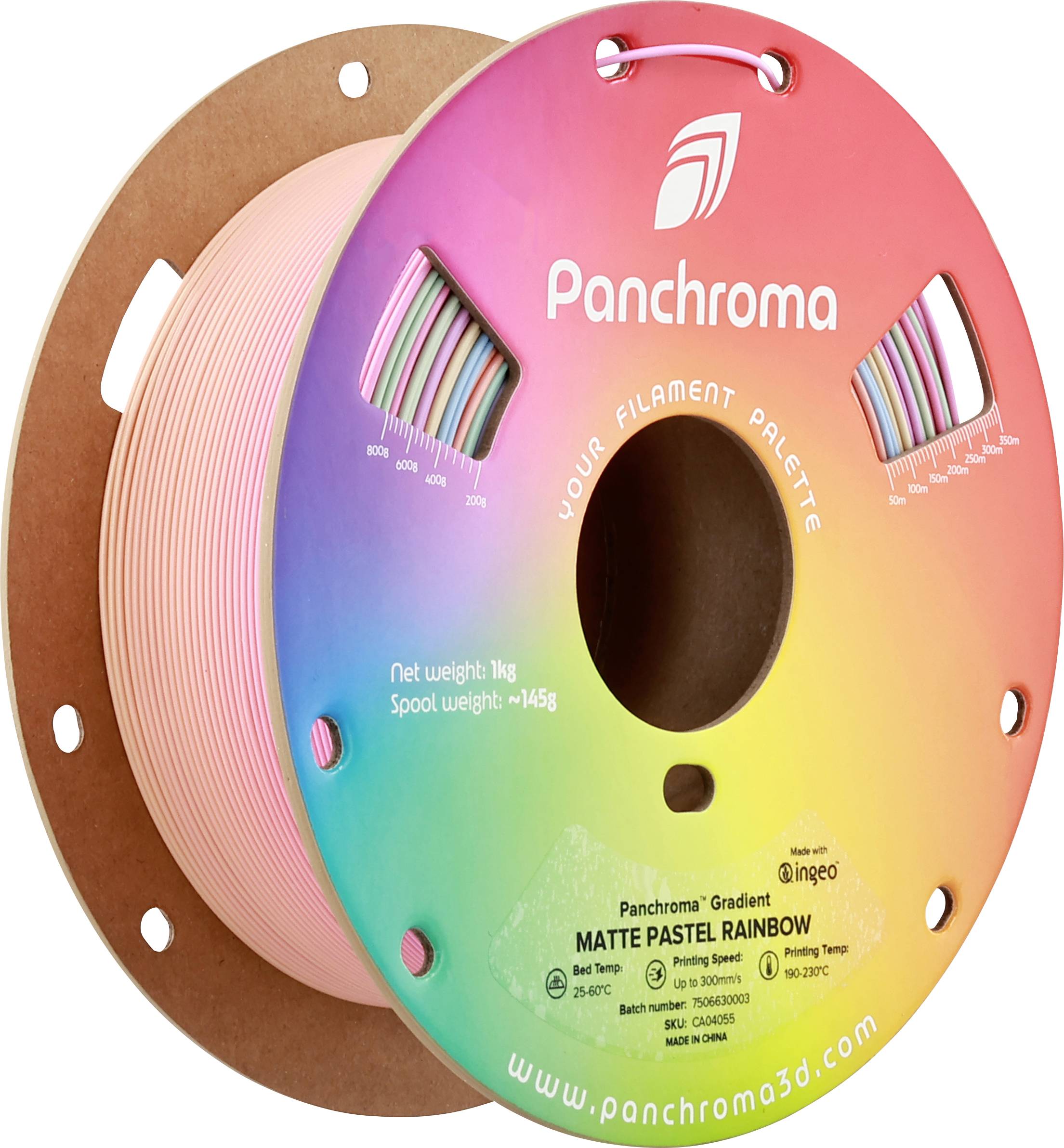 Een pastelkleurige filamentspoel voor 3D-printers met het opschrift 'Matte Pastel Rainbow' van Panchroma.