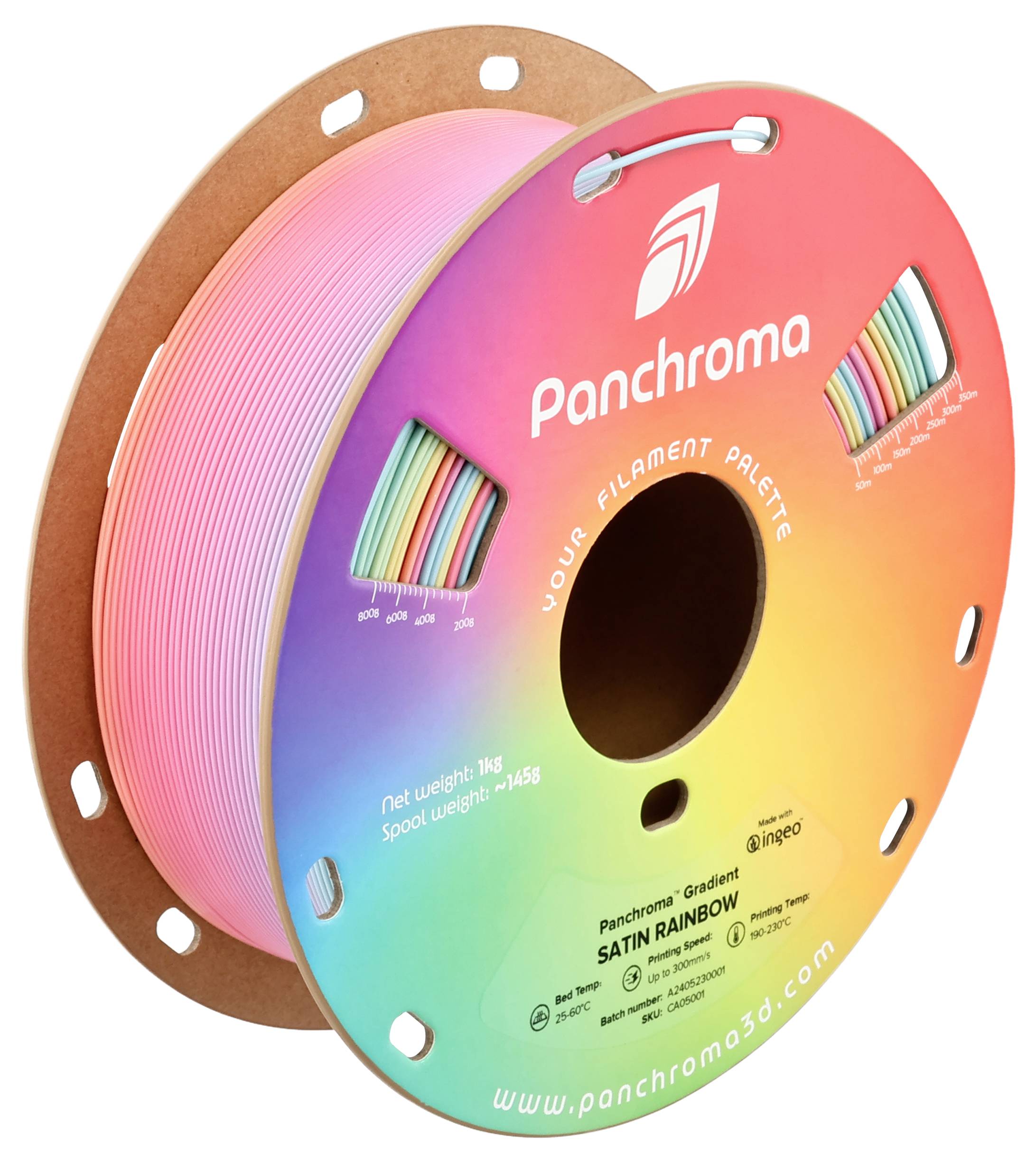 Een spoel met kleurrijk 3D-printer-filament, gelabeld met 'Panchroma'. Filament in regenboogkleurverloop voor creatieve projecten.
