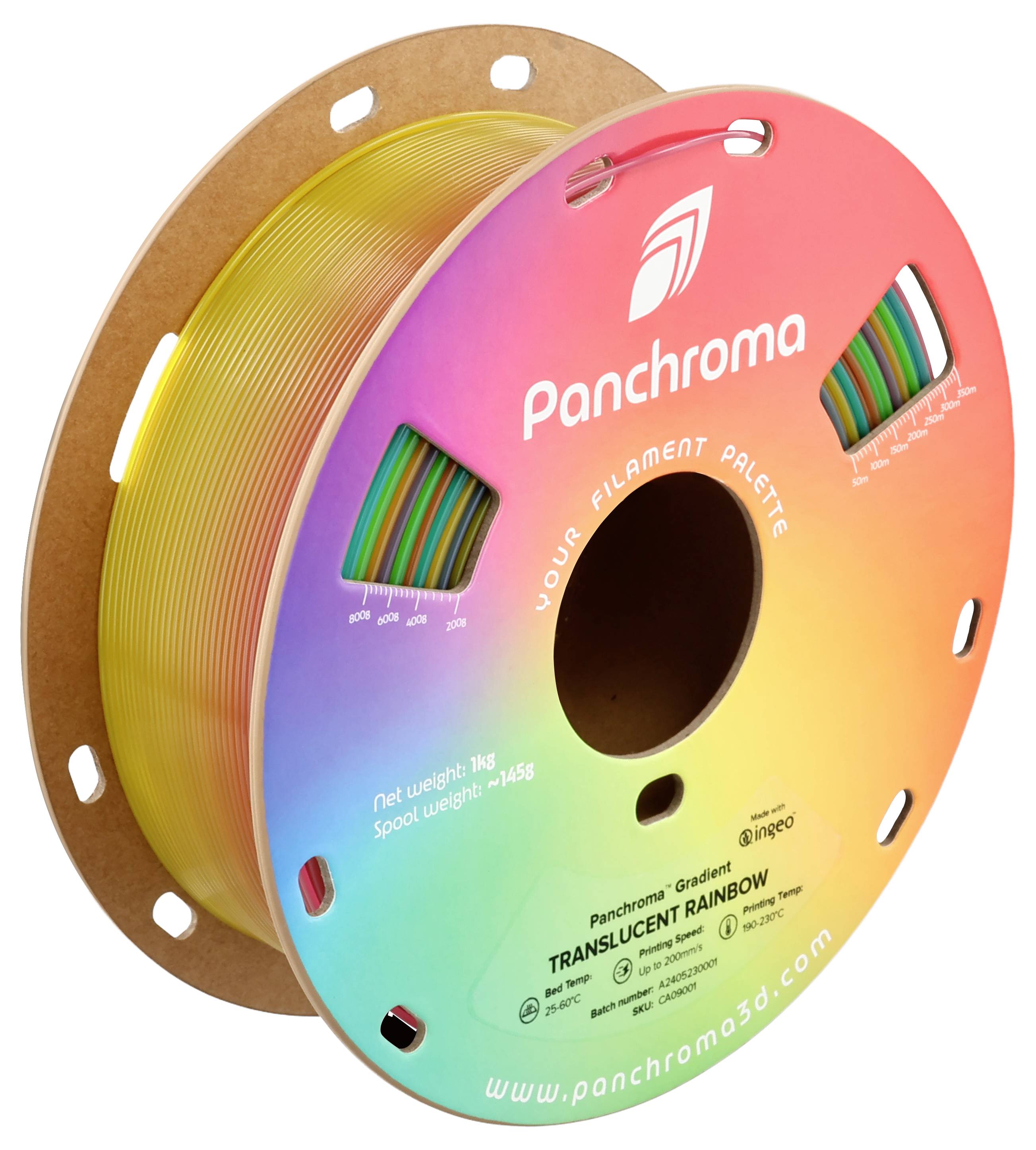 Transparante regenboog-filamentrol met kleurverloop van Panchroma3D, toont gewicht en lengte. Productetiket en logo zijn zichtbaar.