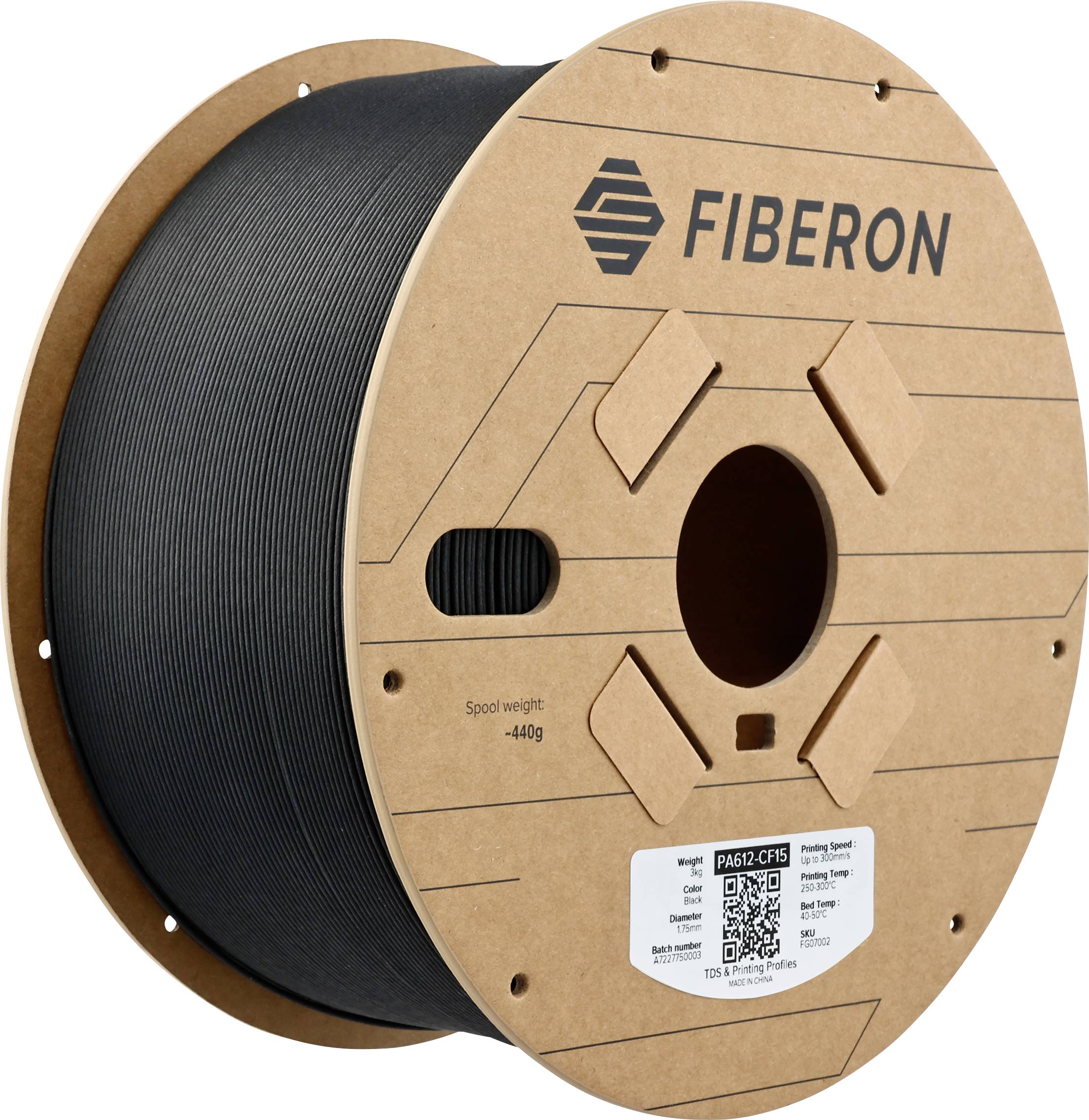 Zwarte vezelspoel van Fiberon, 440g, met QR-code en productinformatie op het etiket.