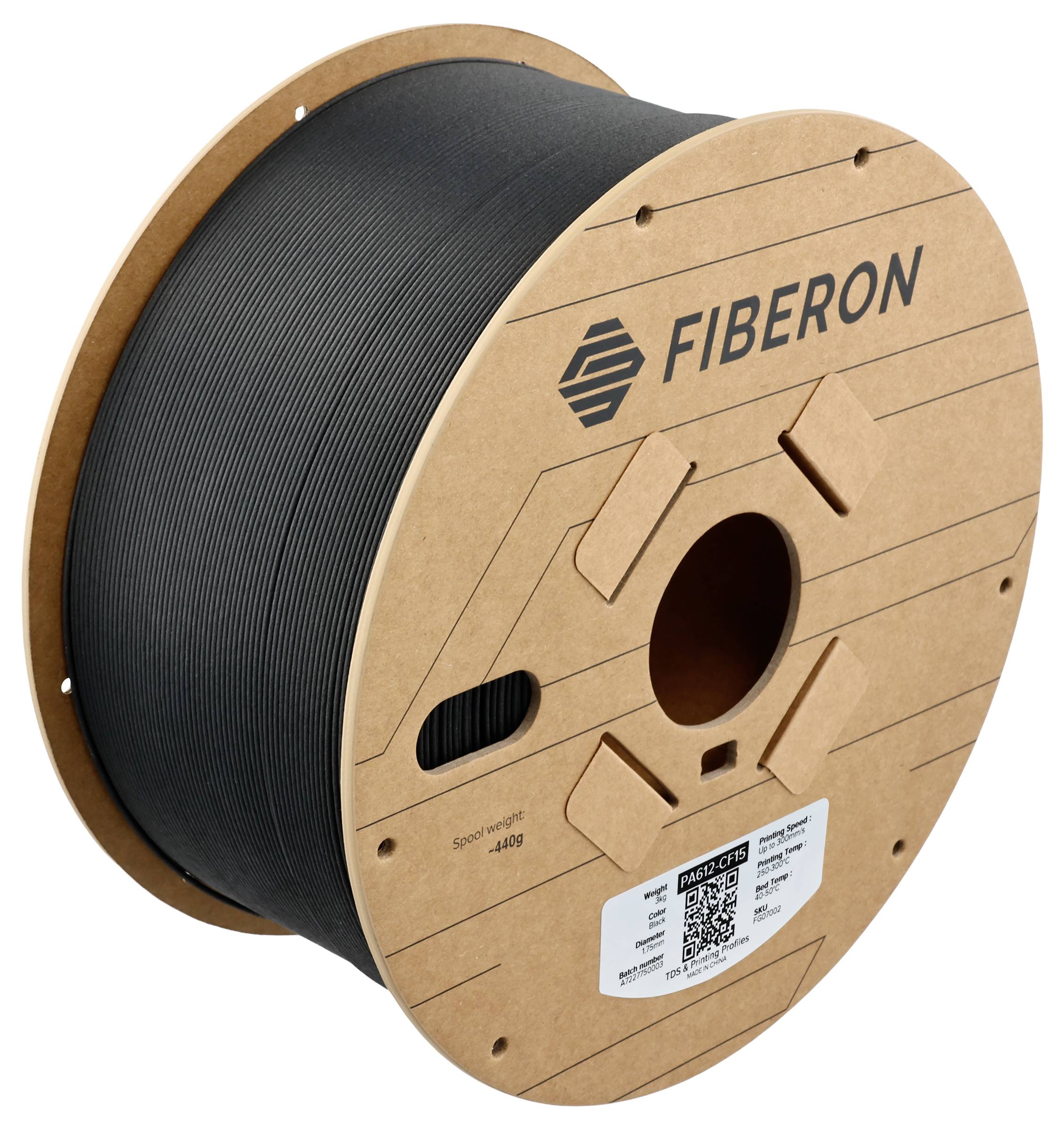 Een bruine filamentspoel met zwart materiaal voor 3D-printers, waarop 'FIBERON' staat.
