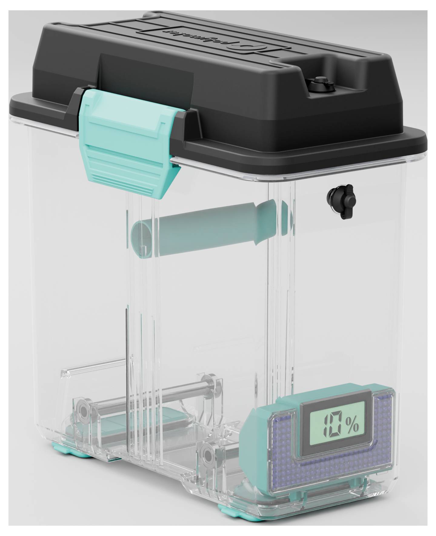 Kunststof container met turquoise sluiting en digitale vochtigheidsmeter aan de onderkant toont '10%'.